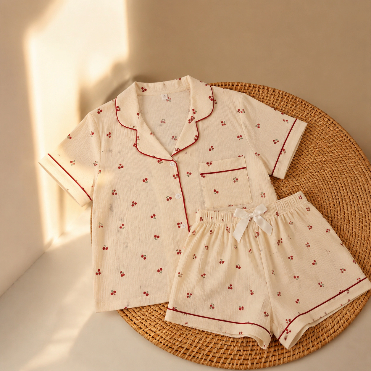 WZK Womens 2-Piece Soft Stretch Lapel Short Sleeve Print Bow Pajama Lounge Set