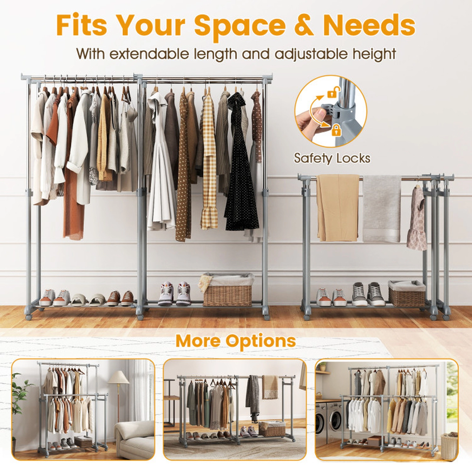 SUGIFT Adjustable Double Rod Metal Garment Rack 66-lb Rods 44-lb Bottom Bars 37-66.5-in Height Silver