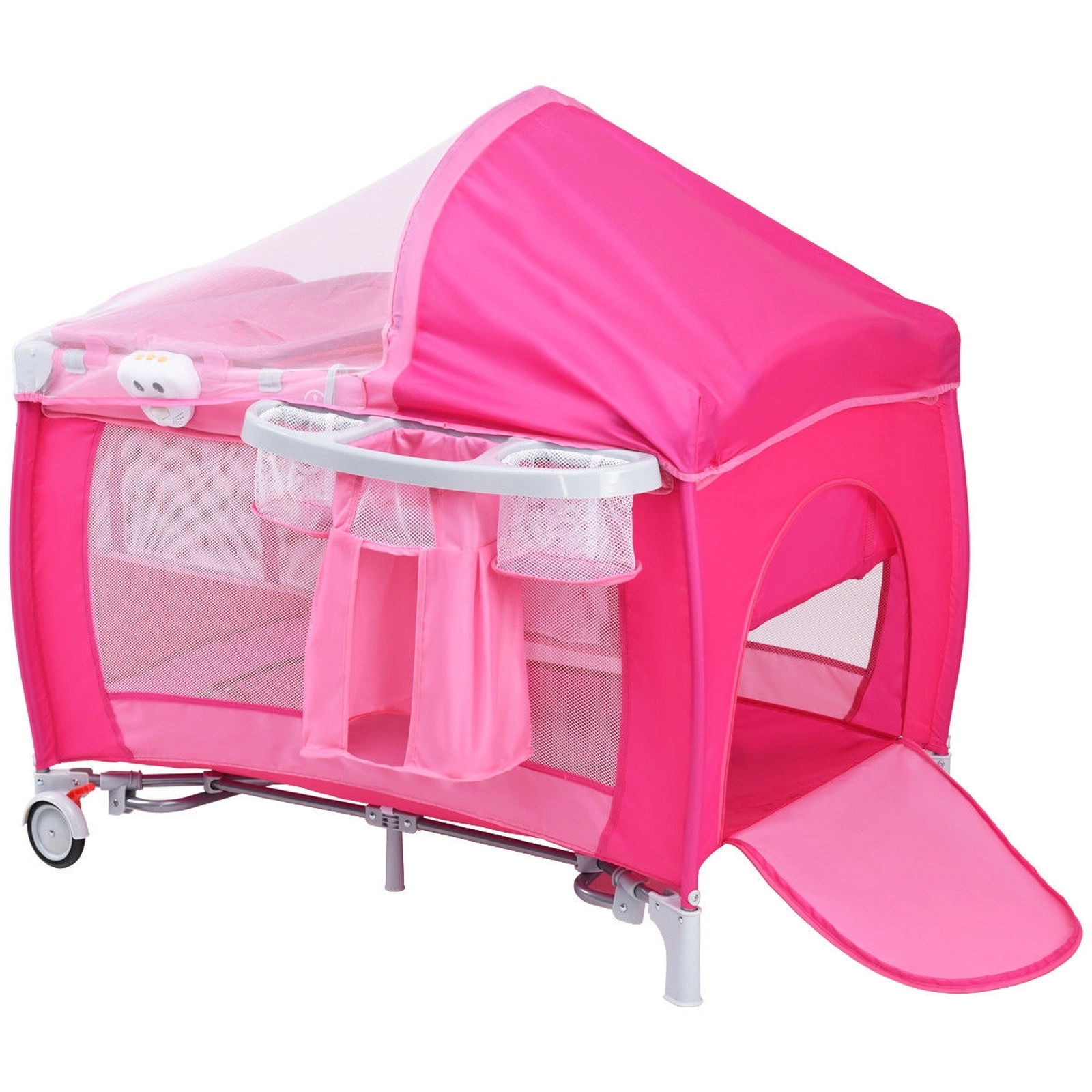 SUGIFT Foldable Bi-Level Baby Crib Playpen with Mosquito Net Canopy and Storage 33-lb Capacity Pink