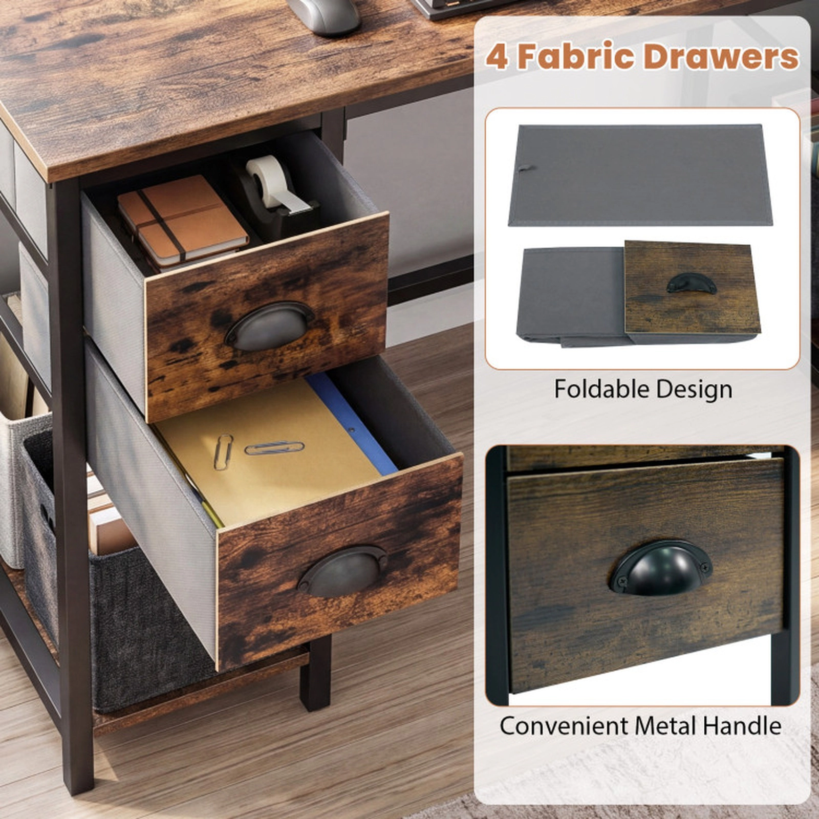 SUGIFT 48-in Computer Desk with Power Outlet 110-lb Tabletop Capacity with 4 Fabric Drawers Rustic Brown & Black