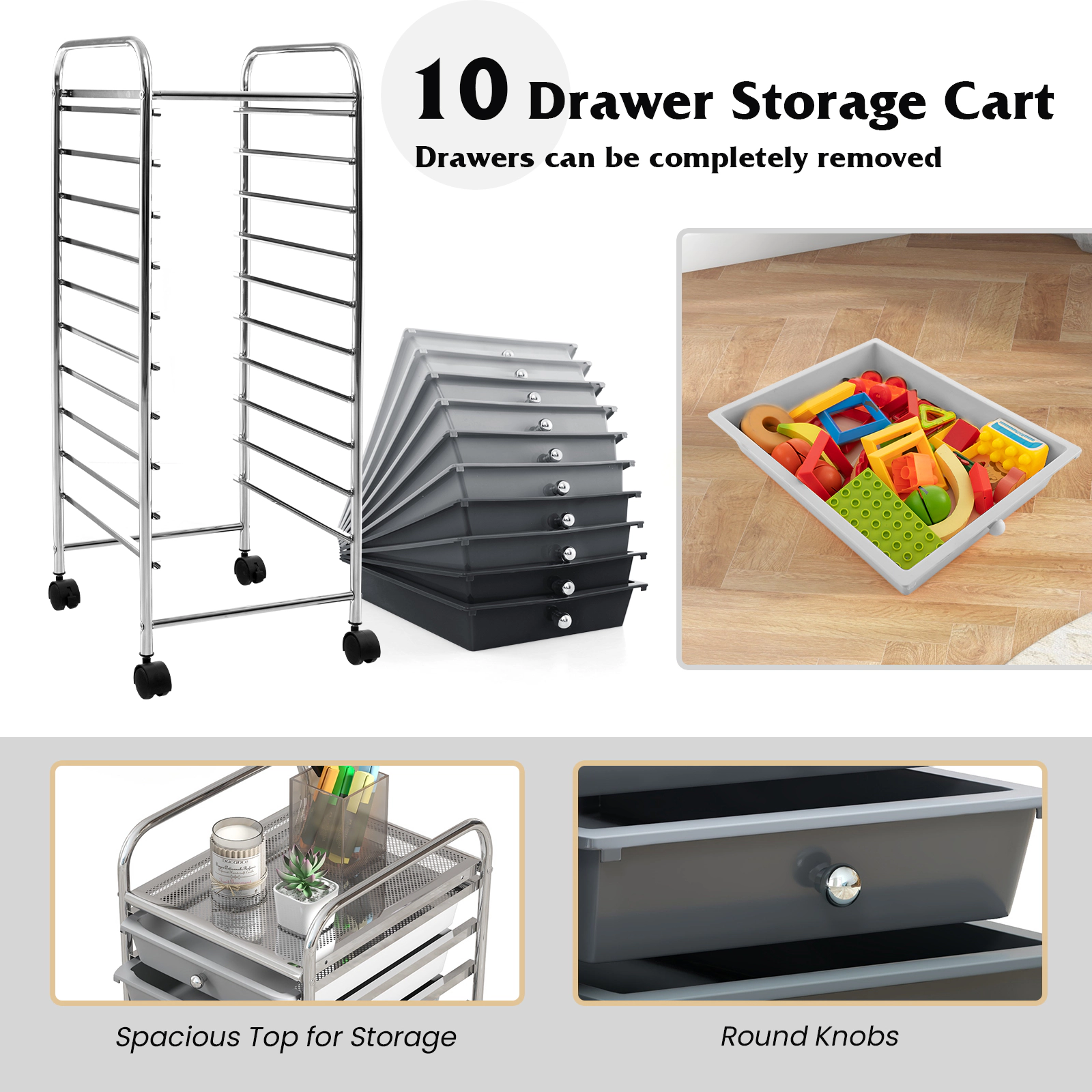 SUGIFT 10-Drawer Rolling Storage Cart Organizer with 3-lb Drawer Capacity and 4 Universal Casters Gradient Gray