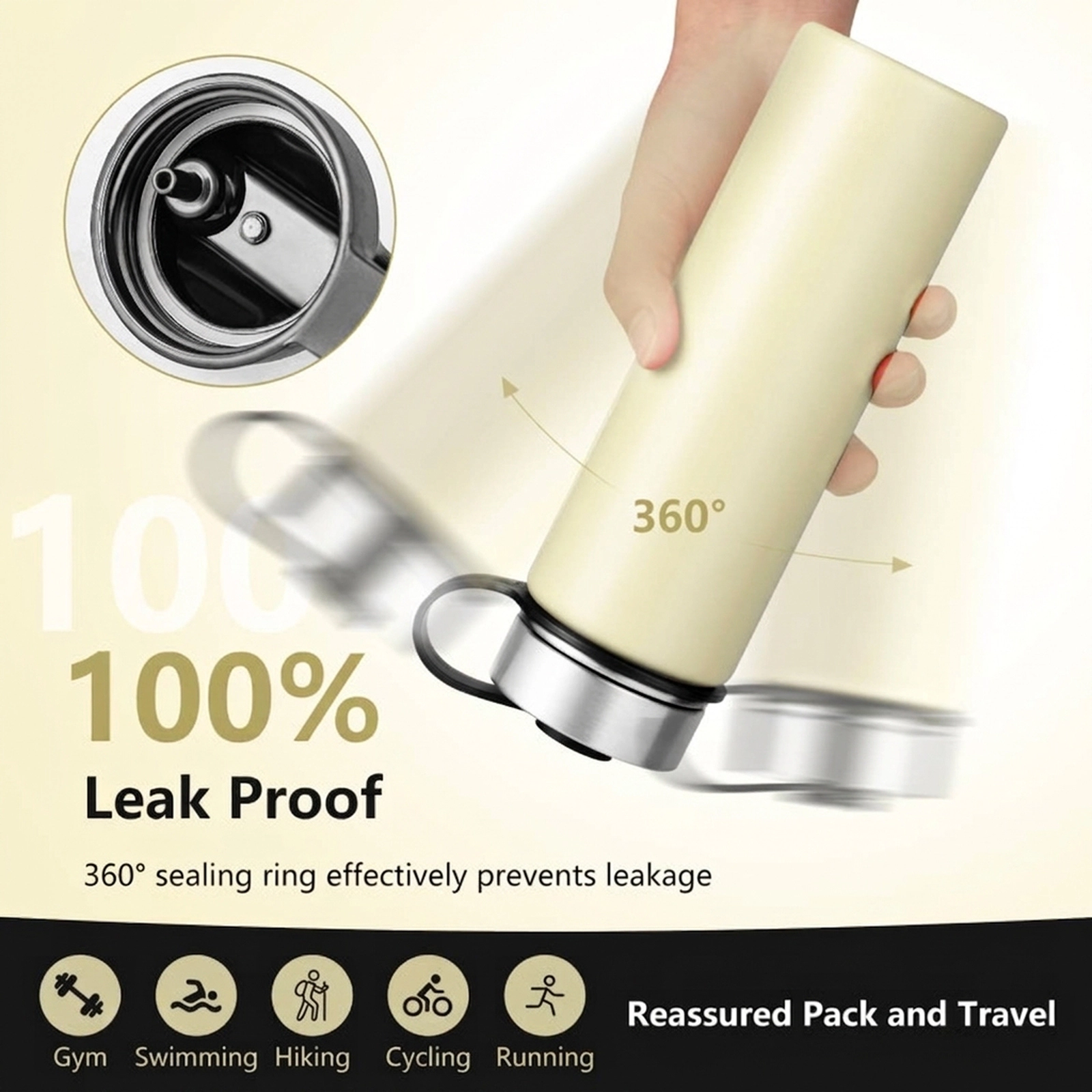 SUGIFT 22-oz Beige Insulated Stainless Steel Water Bottle with 2 Lids and Flip-Up Straw 3-in Dia 9.6-in H