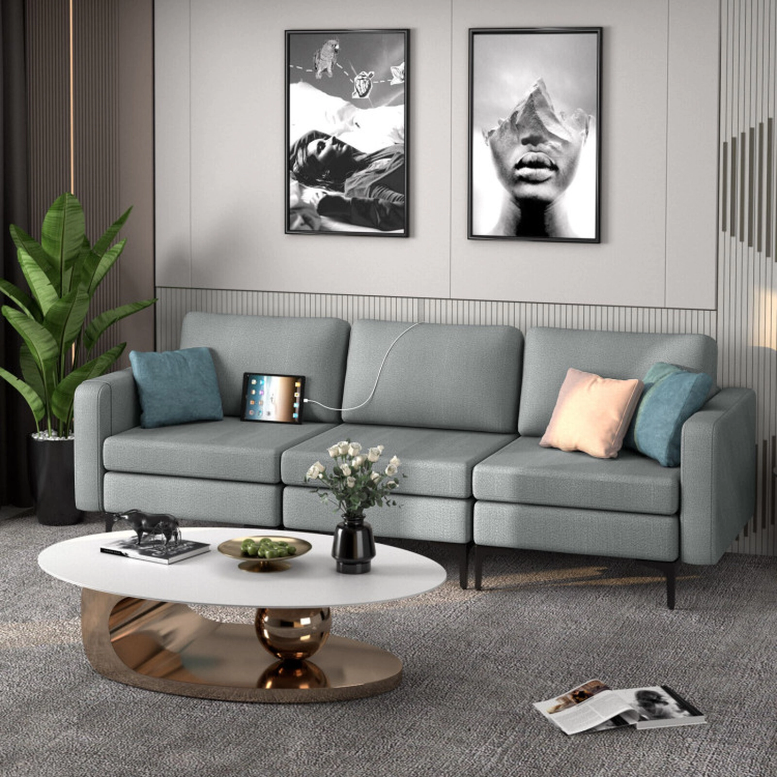 SUGIFT Dark Gray 94.5-Inch 3-Seat Linen Sofa with USB Ports and Magazine Pockets