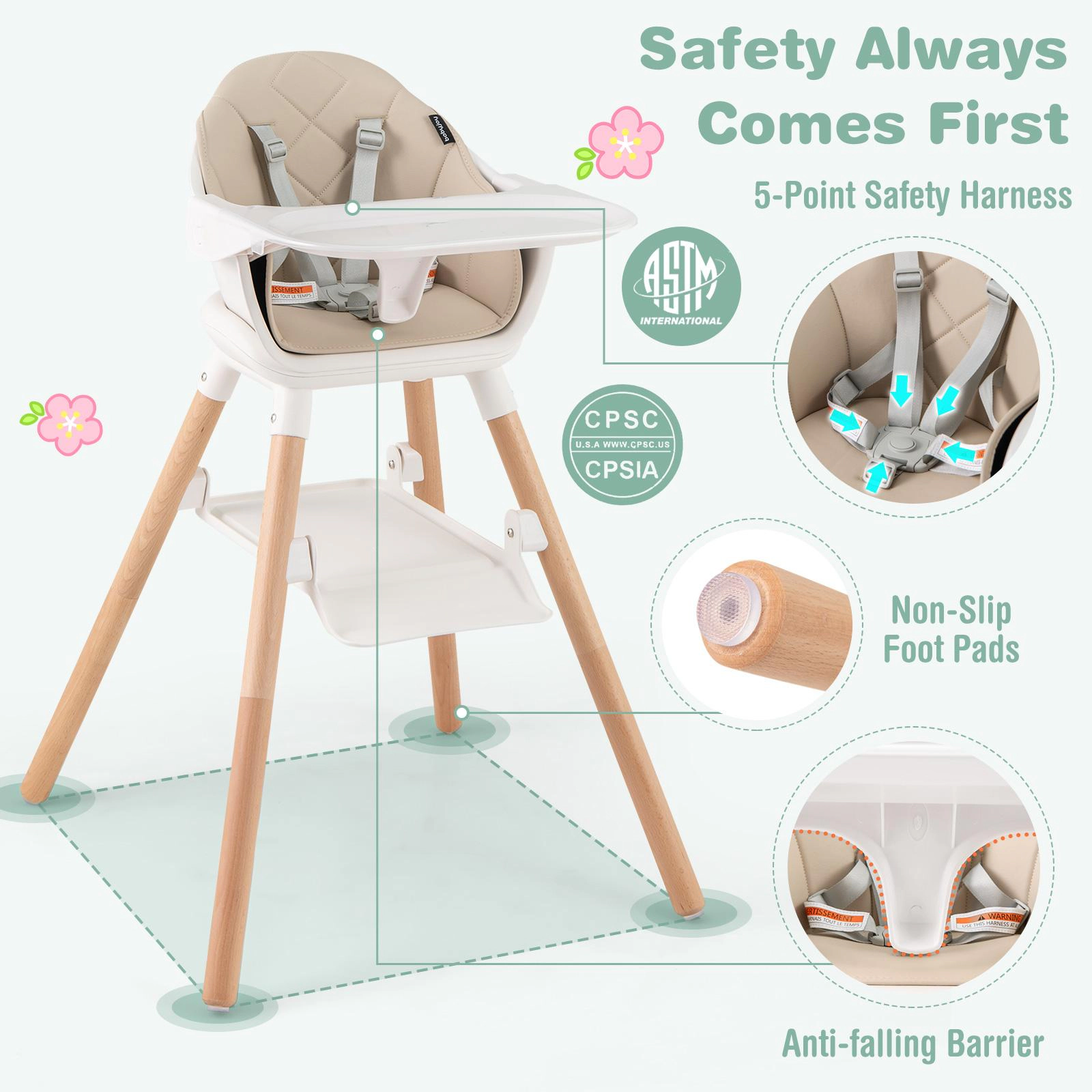 SUGIFT Removable Dishwasher Safe Double Tray and Beech Legs 6-in-1 Baby High Chair