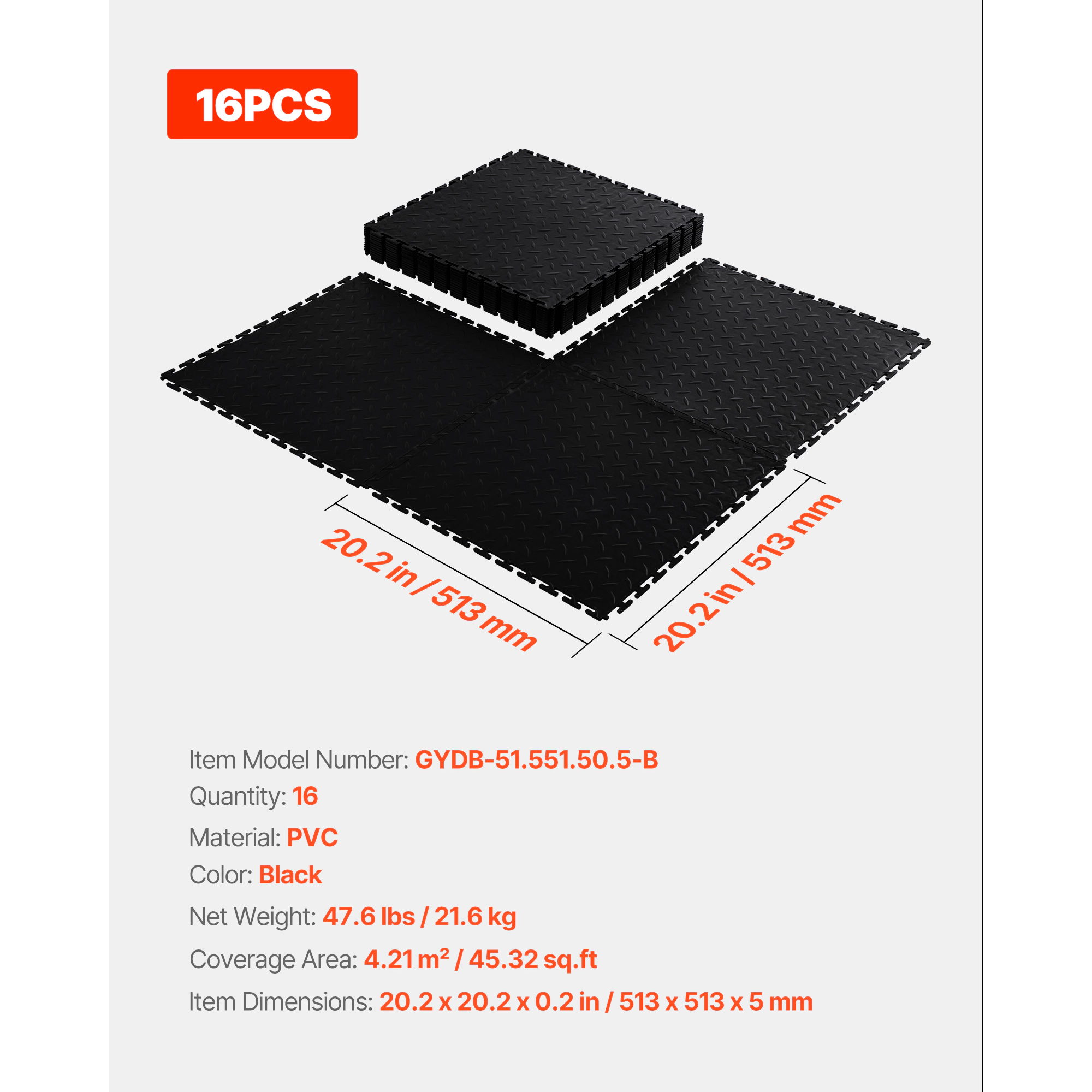 HONGGE Garage Floor Tiles Interlocking 20.2 x 20.2 x 0.2 in Interlocking Modular Garage Flooring Tiles Diamond Plate