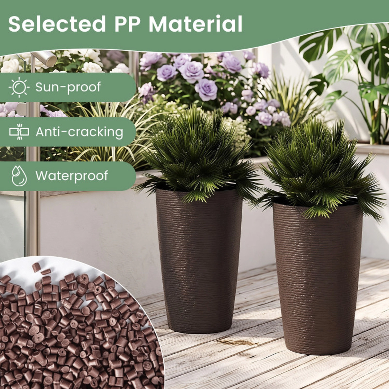 SUGIFT 21-in Tall Round Plastic Planters with Optional Drainage System Brown Set of 2