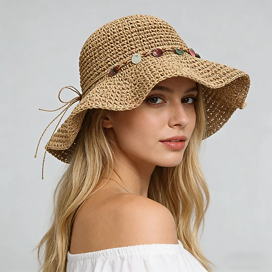 Anna-Kaci Womens Woven Straw Sun Hat with Beaded Band and Floppy Brim