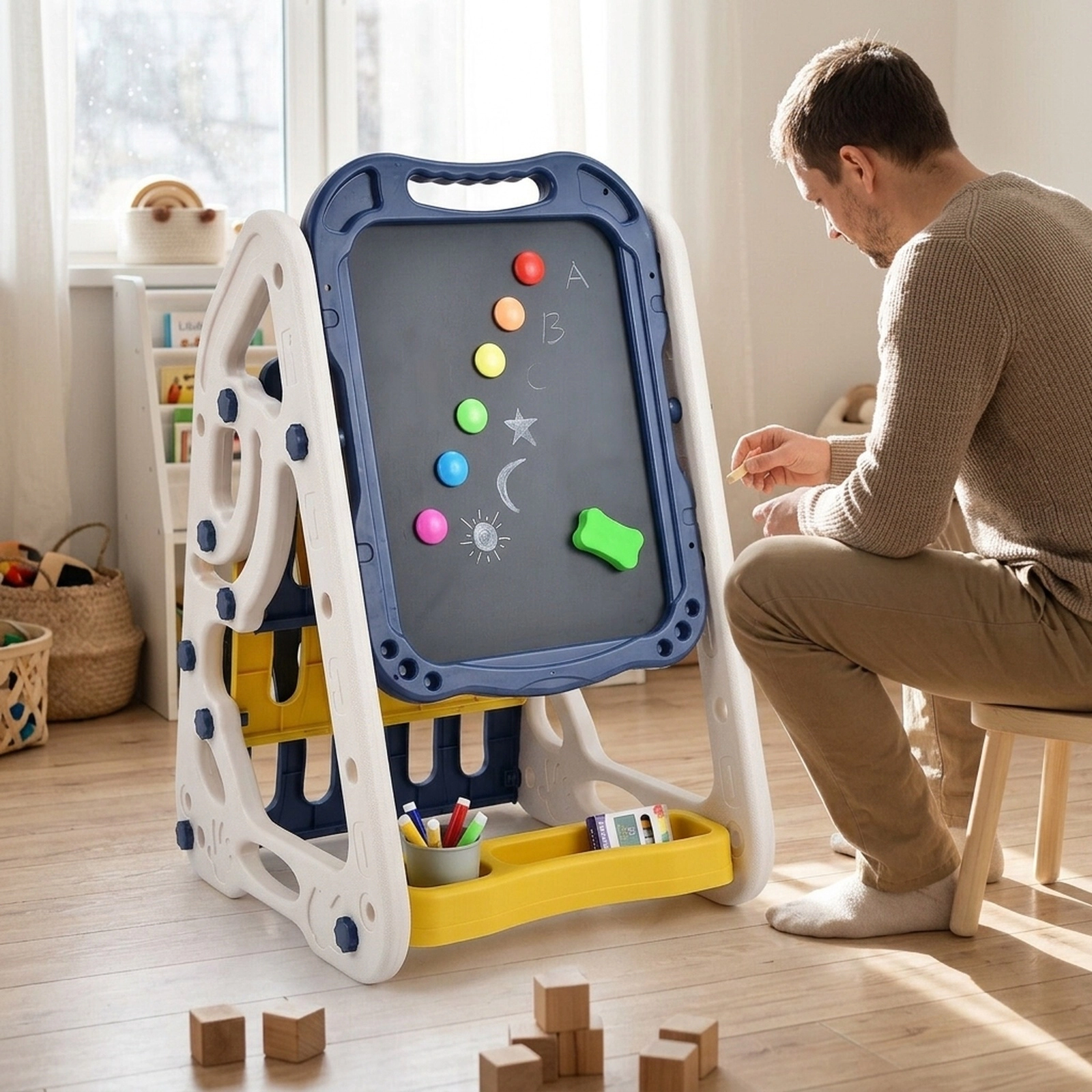 3-in-1 Kids Art Easel Double-Sided Whiteboard Chalkboard Bookshelf 32-Piece Accessory Set Ages 3 and Up Blue