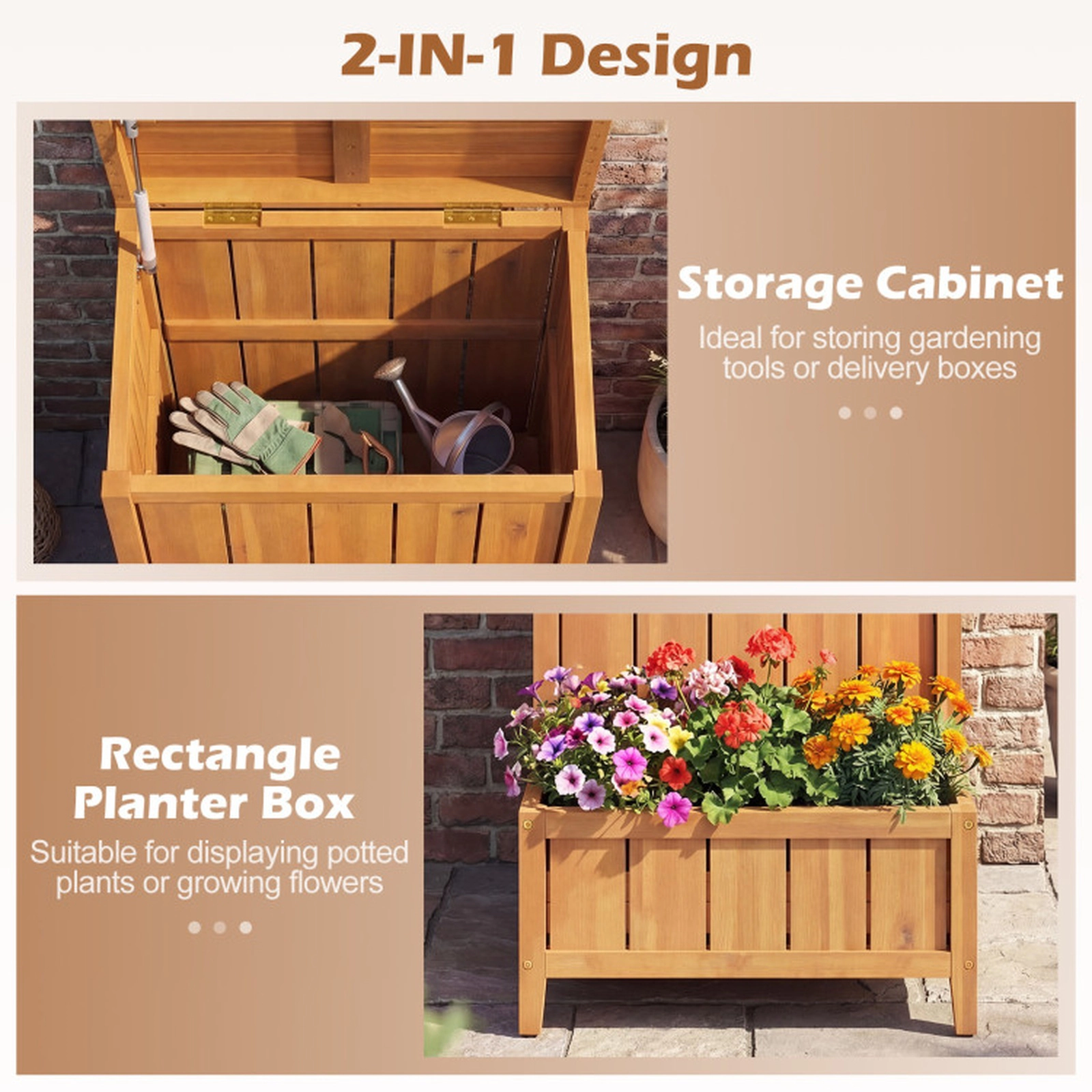 SUGIFT Acacia Wood Built-In Planter Gas Rod Lid Outdoor Package Delivery Box 23-in x 21-in x 28-in 165-lb Top Natural