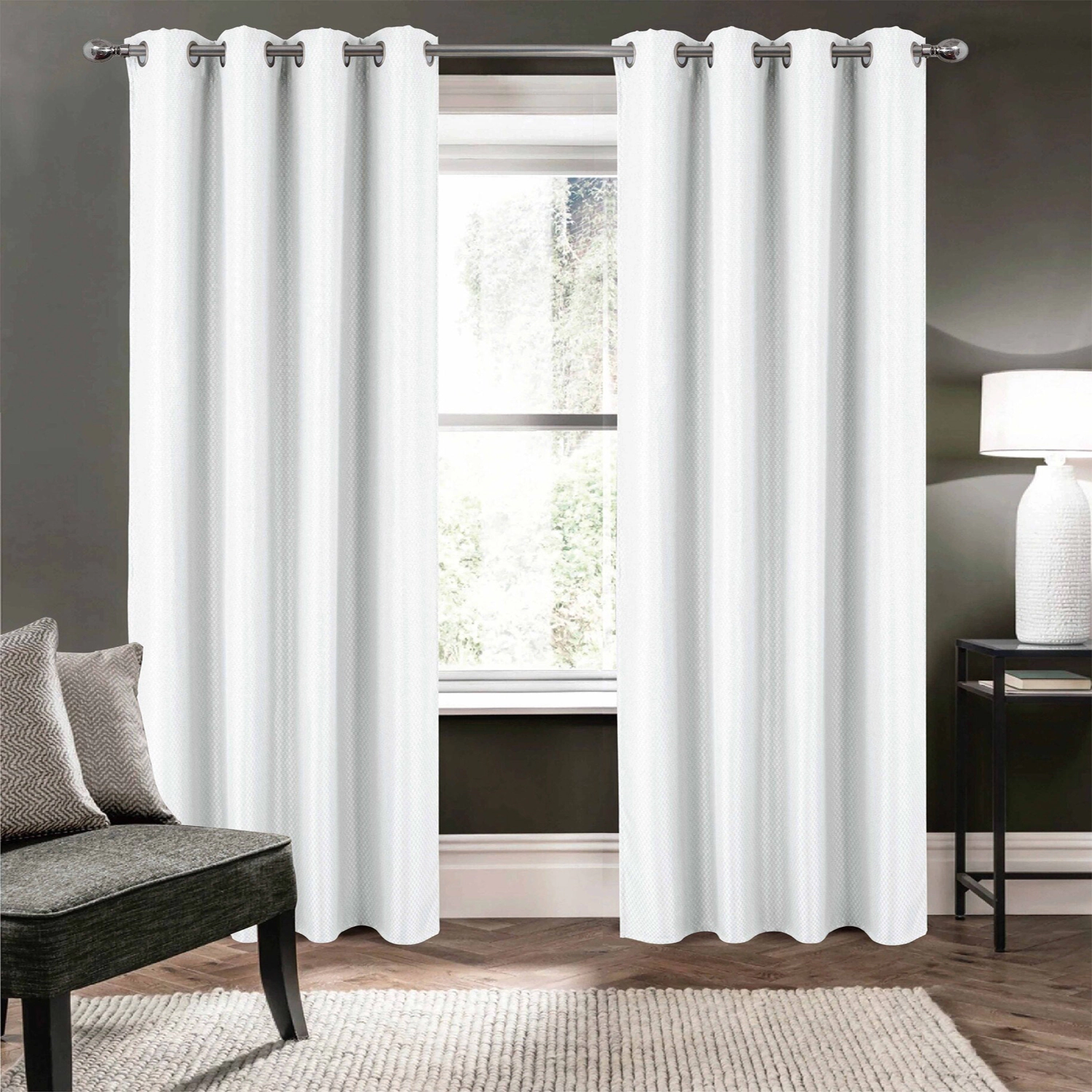 Olivia Gray 100% Polyester 250 GSM Basket Weave Ian Luxury Jacquard Blackout Grommet Curtain Panel 54" x 84" White
