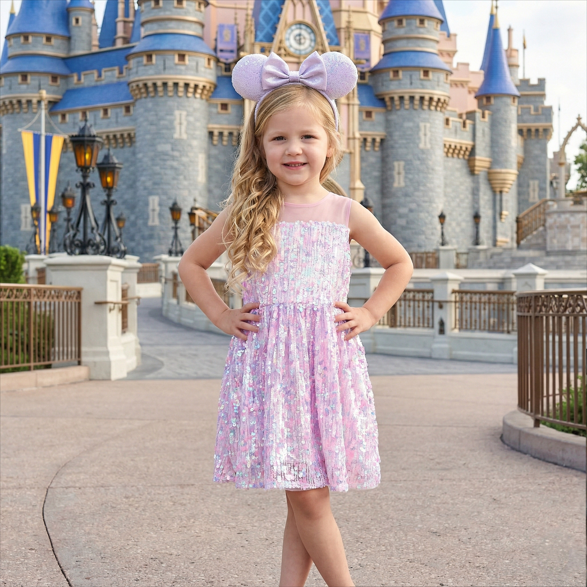 2Bunnies Girls' Pastel iridescent Sequin Illusion Neckline Sleeveless Dress