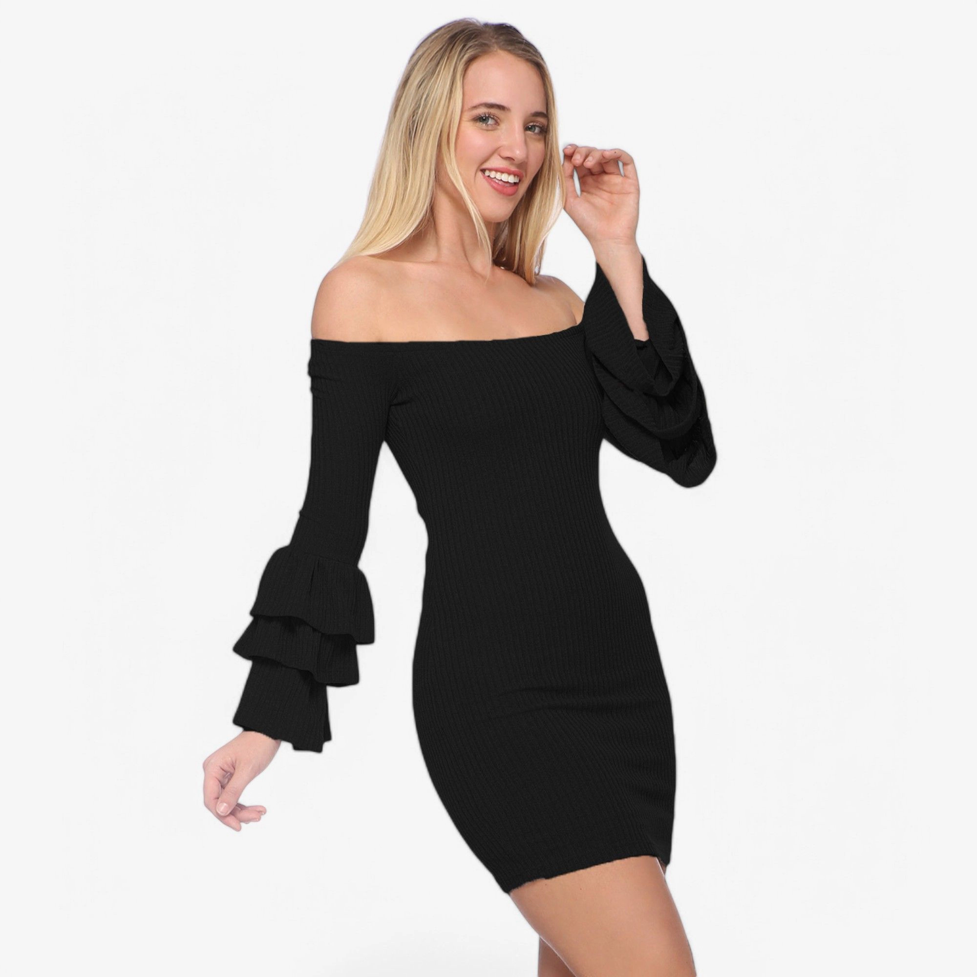 Anna-Kaci Women's Off-Shoulder Bodycon Dress with Tiered Ruffle Long Sleeves