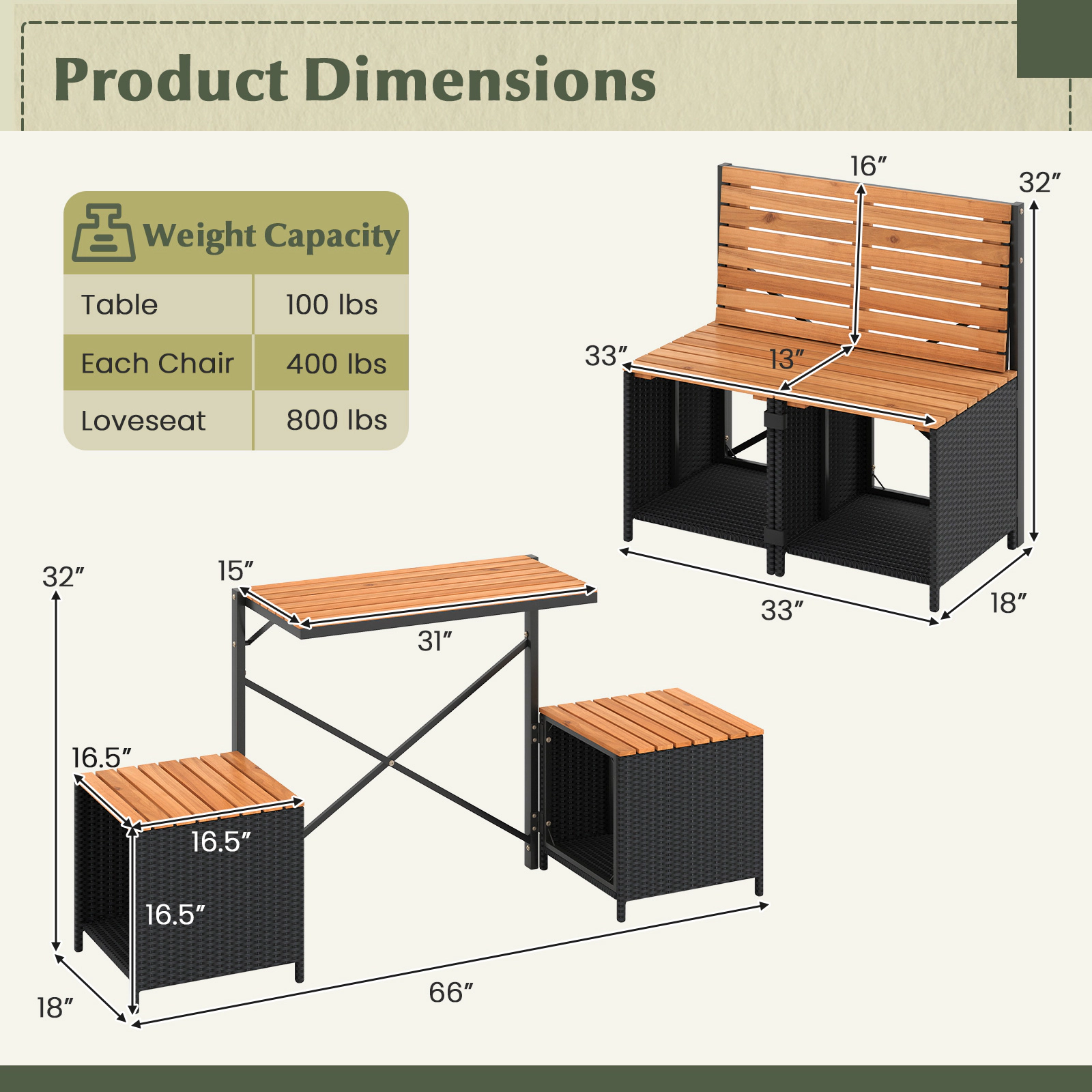 SUGIFT 2-in-1 Acacia Wood Loveseat and Picnic Table with Storage