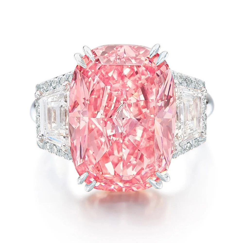 Wardrobe Whimsy Cushion Cut Pink Cubic Zirconia Three‑Stone Engagement Ring