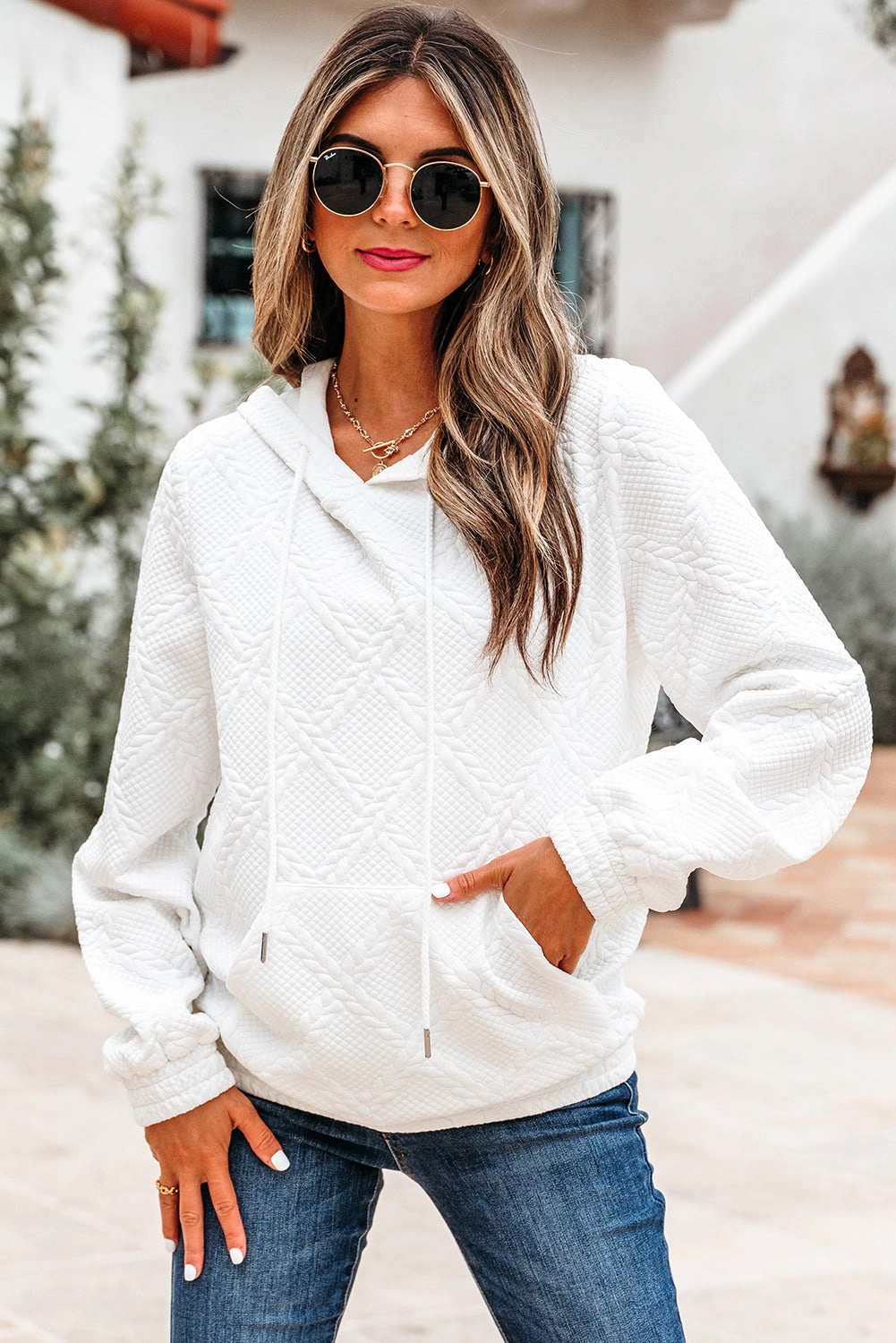 Threaded Pear Women's Magnolia Cable Lattice Texture Kangaroo Pocket Hoodie