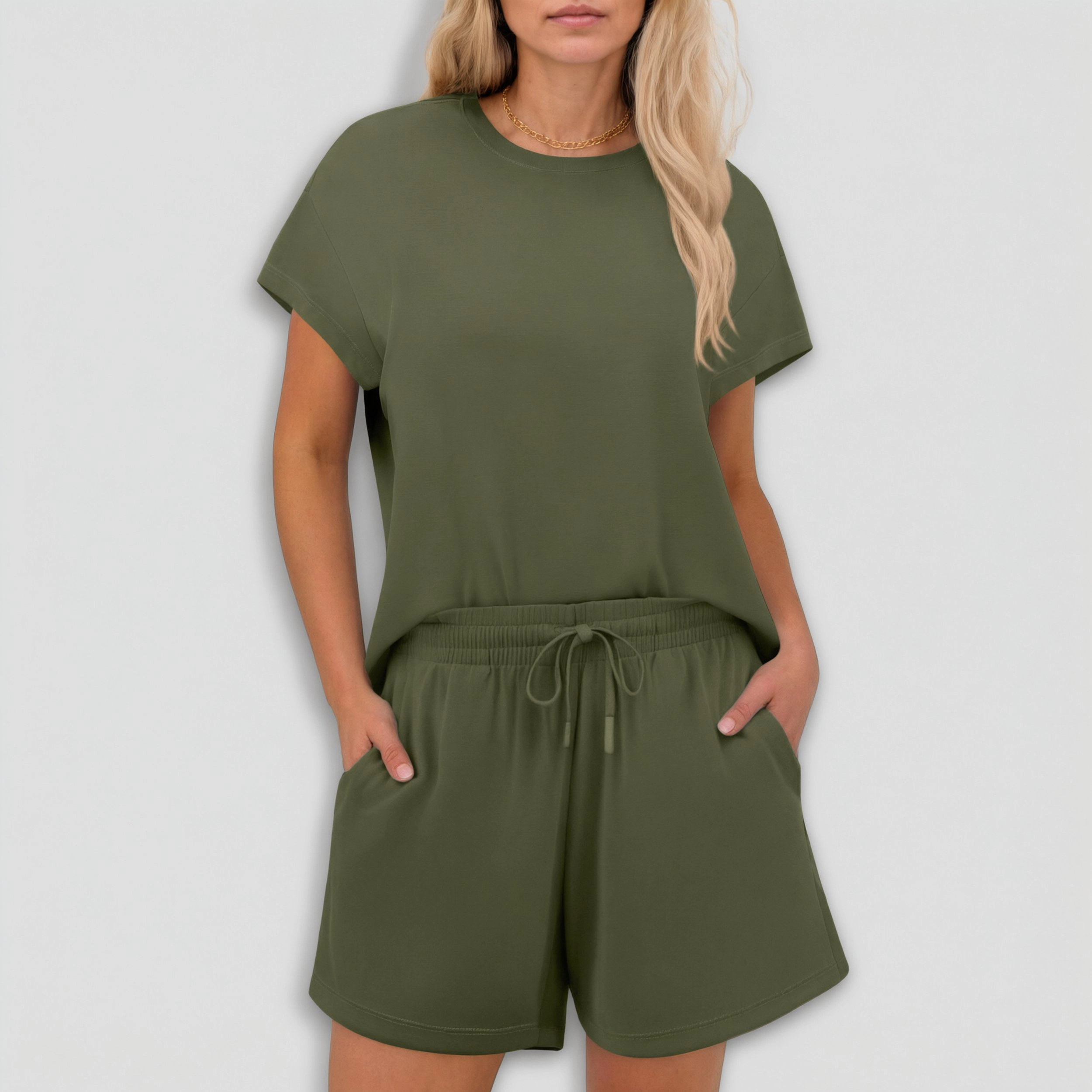 Pinspark Womens Casual Short Sleeve Tops Summer Crew Neck Drawstring Solid Sets