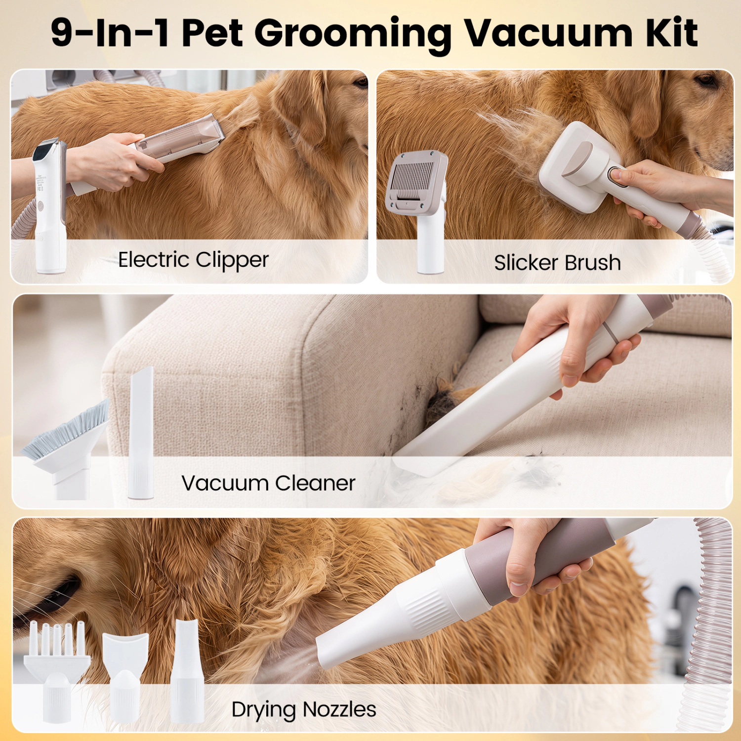 LJG 9-in-1 Dog Grooming Vacuum Kit for Shedding with 3 Suction Modes and Clippers for Dogs and Cats Home Cleaning