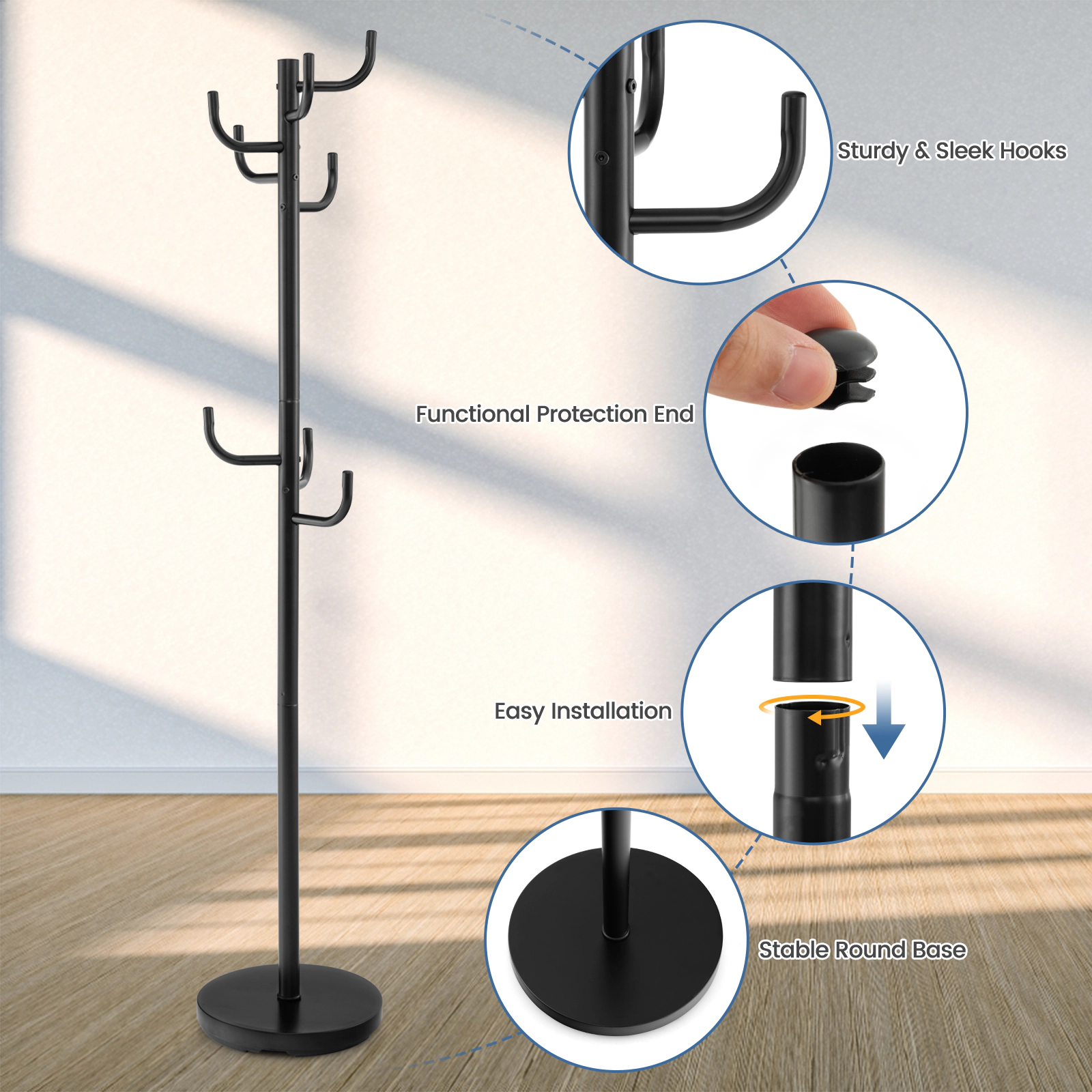 Glintex Freestanding Metal Coat Rack with 8 Hooks and Round Weighted Base, Black