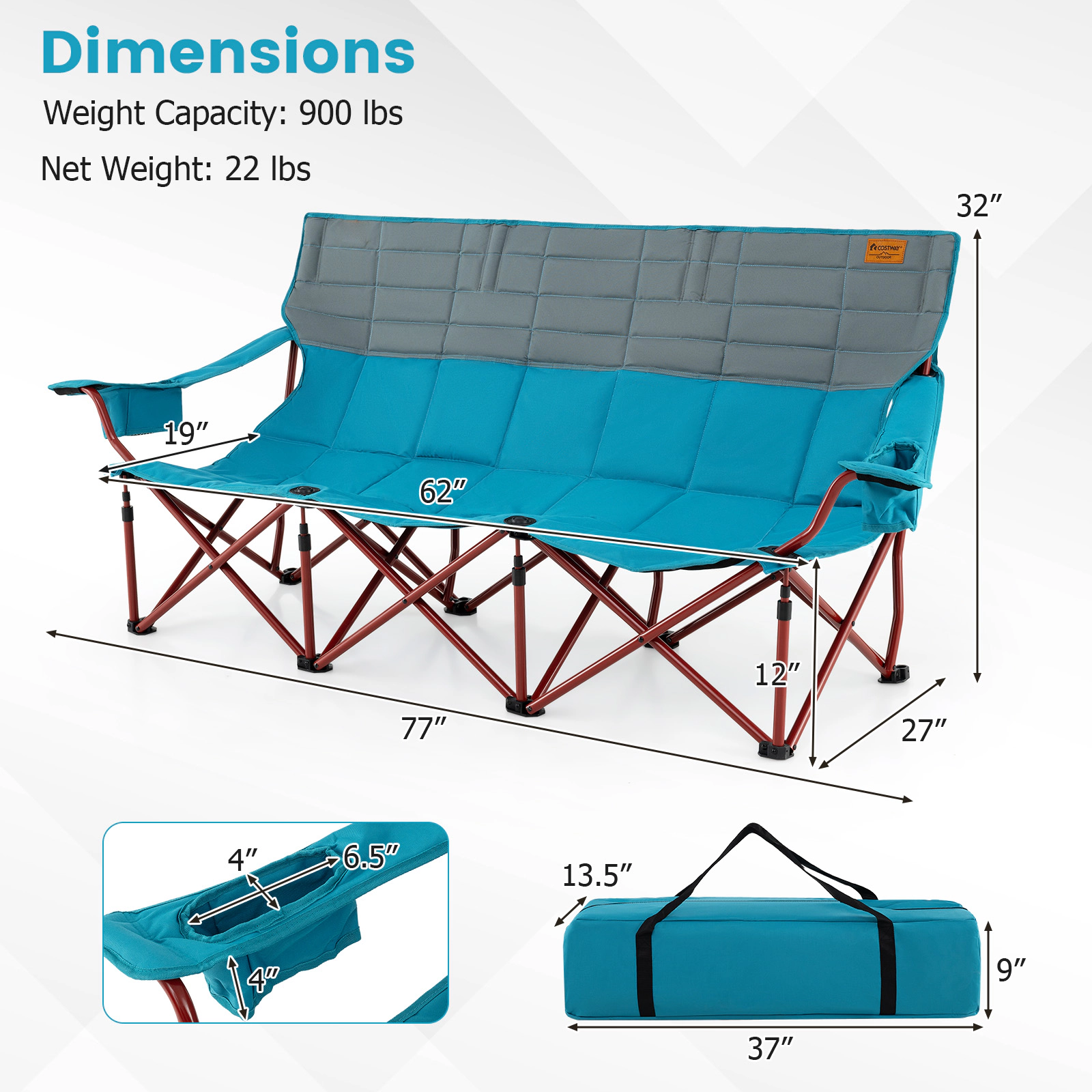 SUGIFT 3-Person Folding Camping Chair 900-lb Capacity with 2 Cup Holders and Storage Bag Blue
