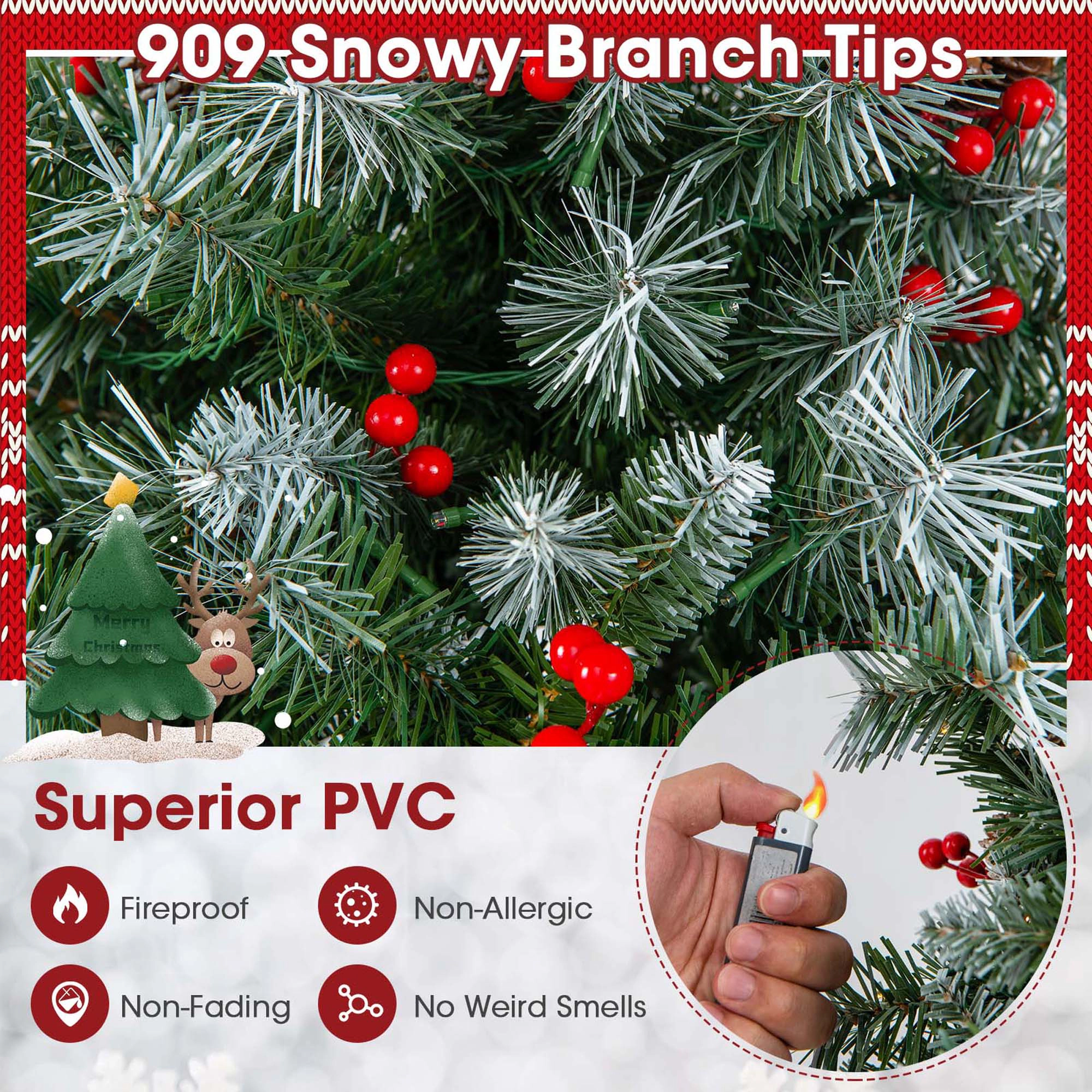 Costway 9 FT Artificial Christmas Tree Hinged with 650 Warm LED Lights & 309 Red Berries