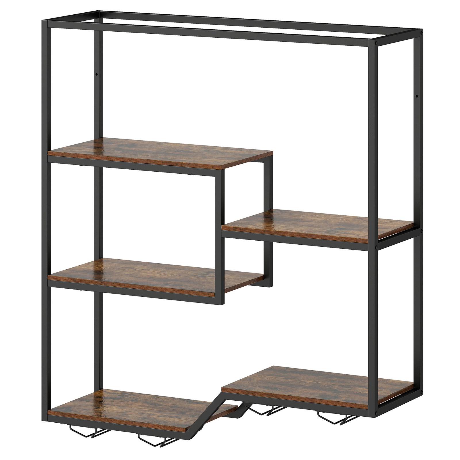 SUGIFT 6-Tier Wall Mounted Wine Rack Hanging Bar Shelf Bottle Display Shelf & Glass Holder 185-lb Total Capacity Rustic
