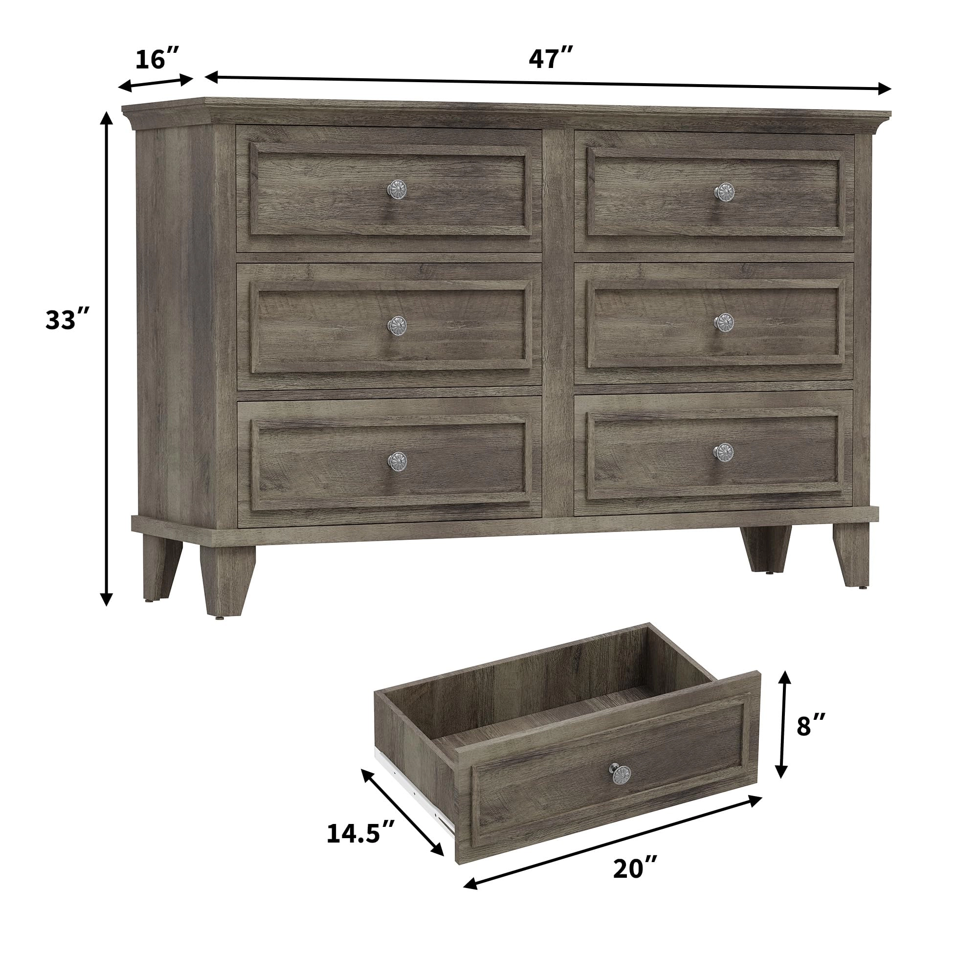 6 Drawer Dresser, Wooden Storage Chest with Metal Handles, Large TV Stand for Bedroom & Living Room