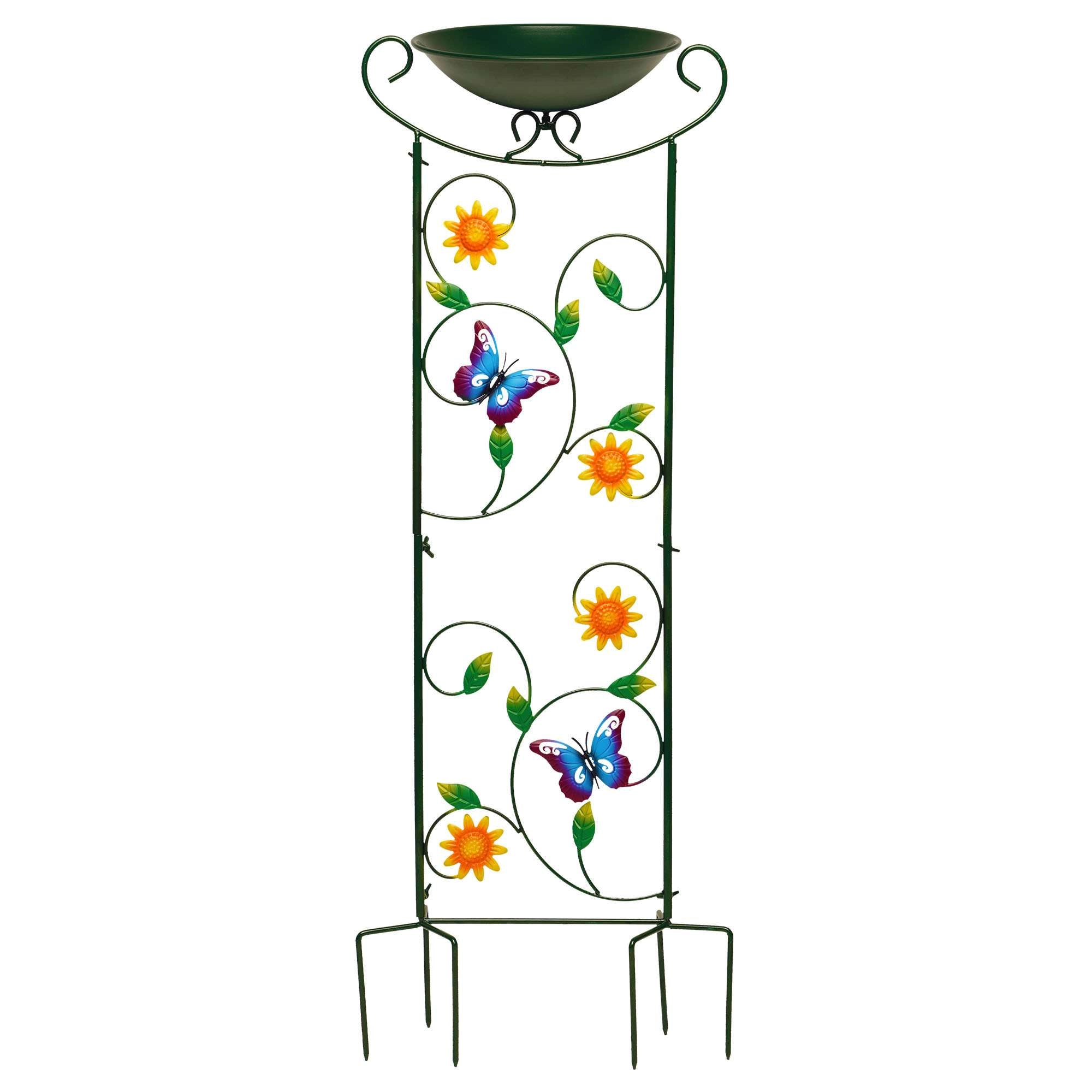 G128 35in Antique Metal Bird Bath with Trellis, Detachable Bowl, Hummingbird Accents
