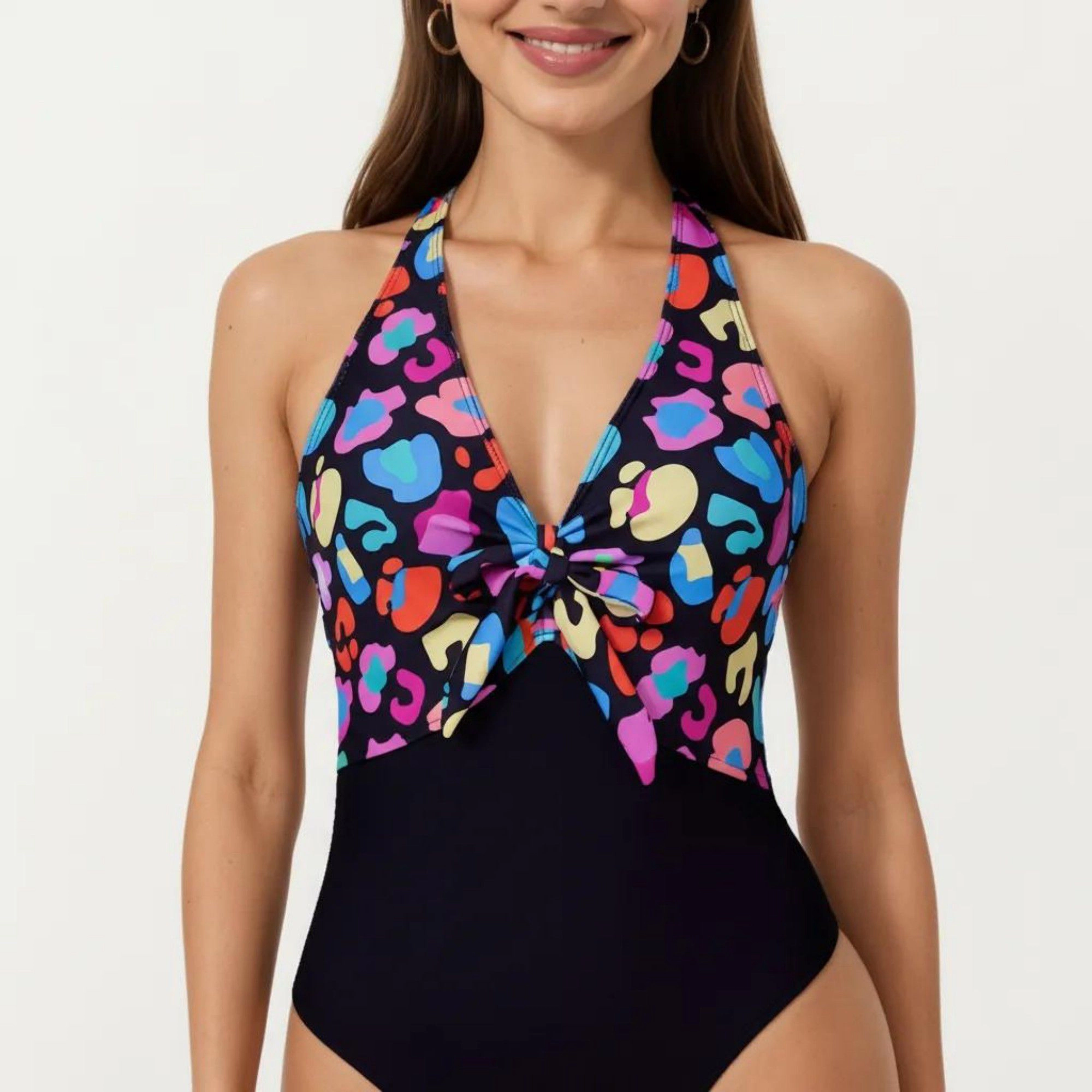 Anna-Kaci Women Halter One-Piece Swimsuit - Twist Front Cutout, Printed Top Panel, Stretch Fit