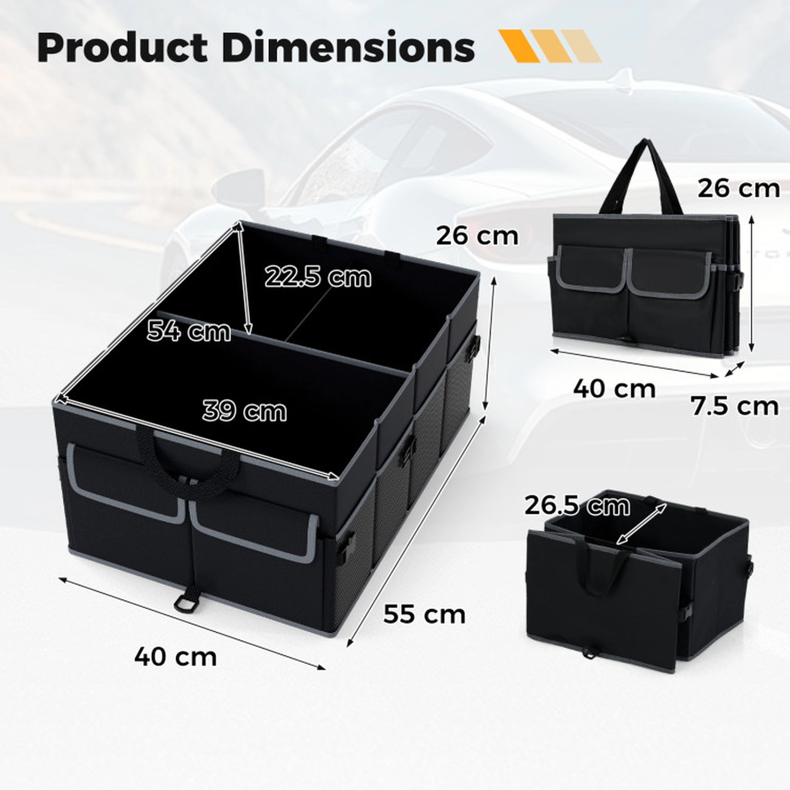 SUGIFT Collapsible 13 Gallon Car Trunk Organizer with Removable Divider 3 Compartments 6 Pockets Black