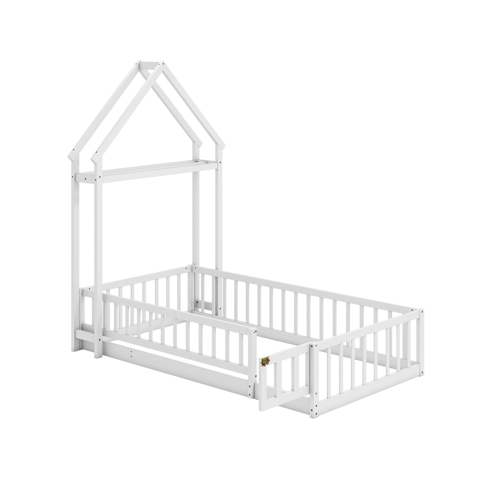 SUGIFT Montessori Low-to-Ground Twin House Floor Bed with Guardrails, Gate and Drying Rack Toddler Bed 74-in Tall White