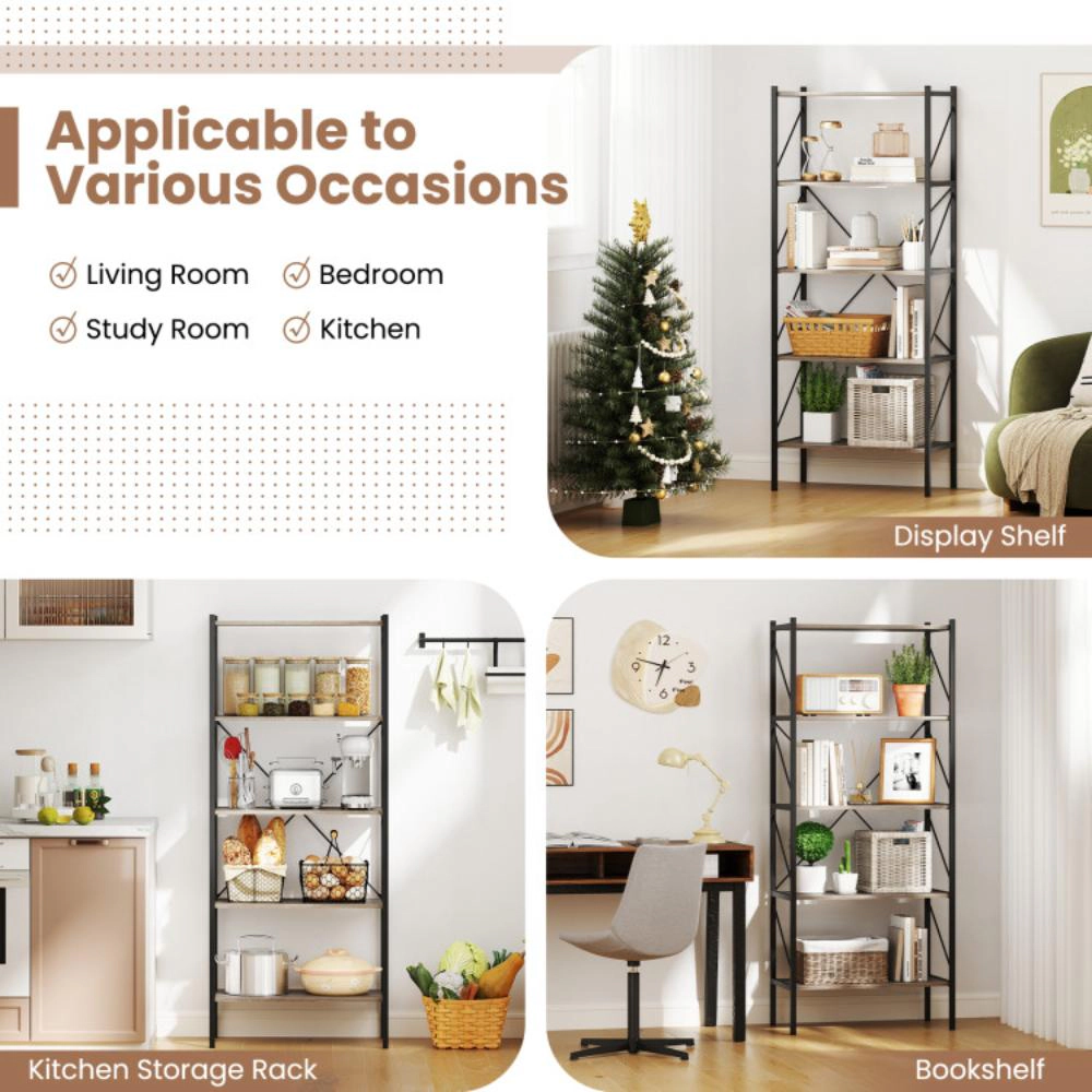 Hivvago 5-Tier Bookshelf with Open Shelves and Heavy Duty Metal Frame