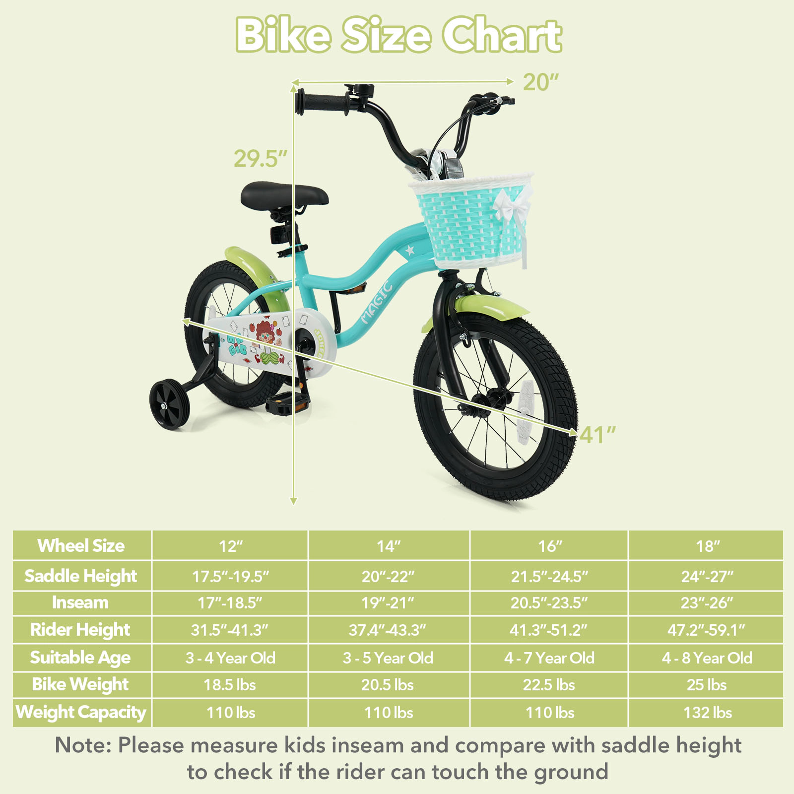 SUGIFT Green Training Wheels Front Basket and Adjustable Handlebar Kids Bike