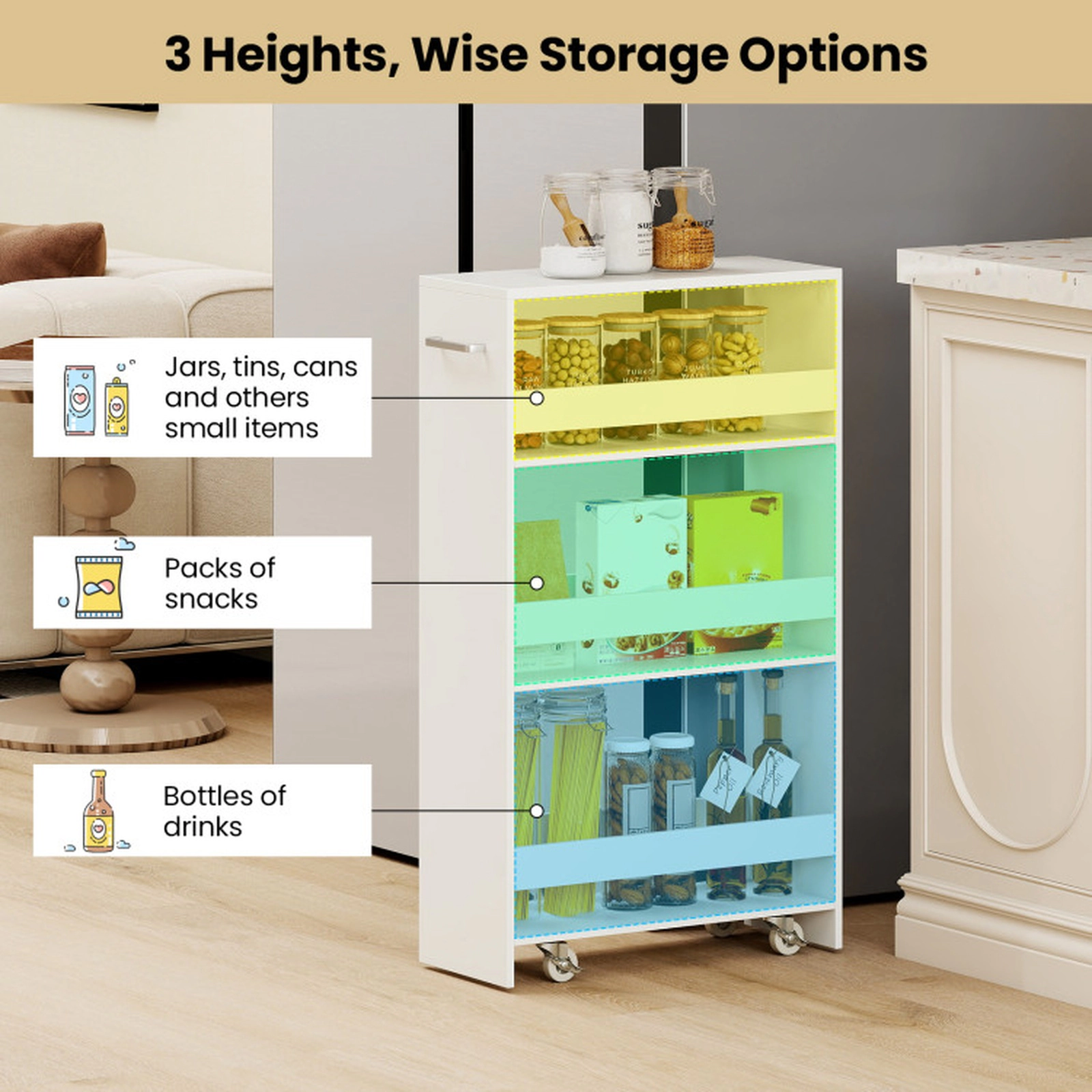 SUGIFT 4-Tier White Slim Rolling Kitchen Cart on Wheels with Guard Rails and Towel Bar Handle