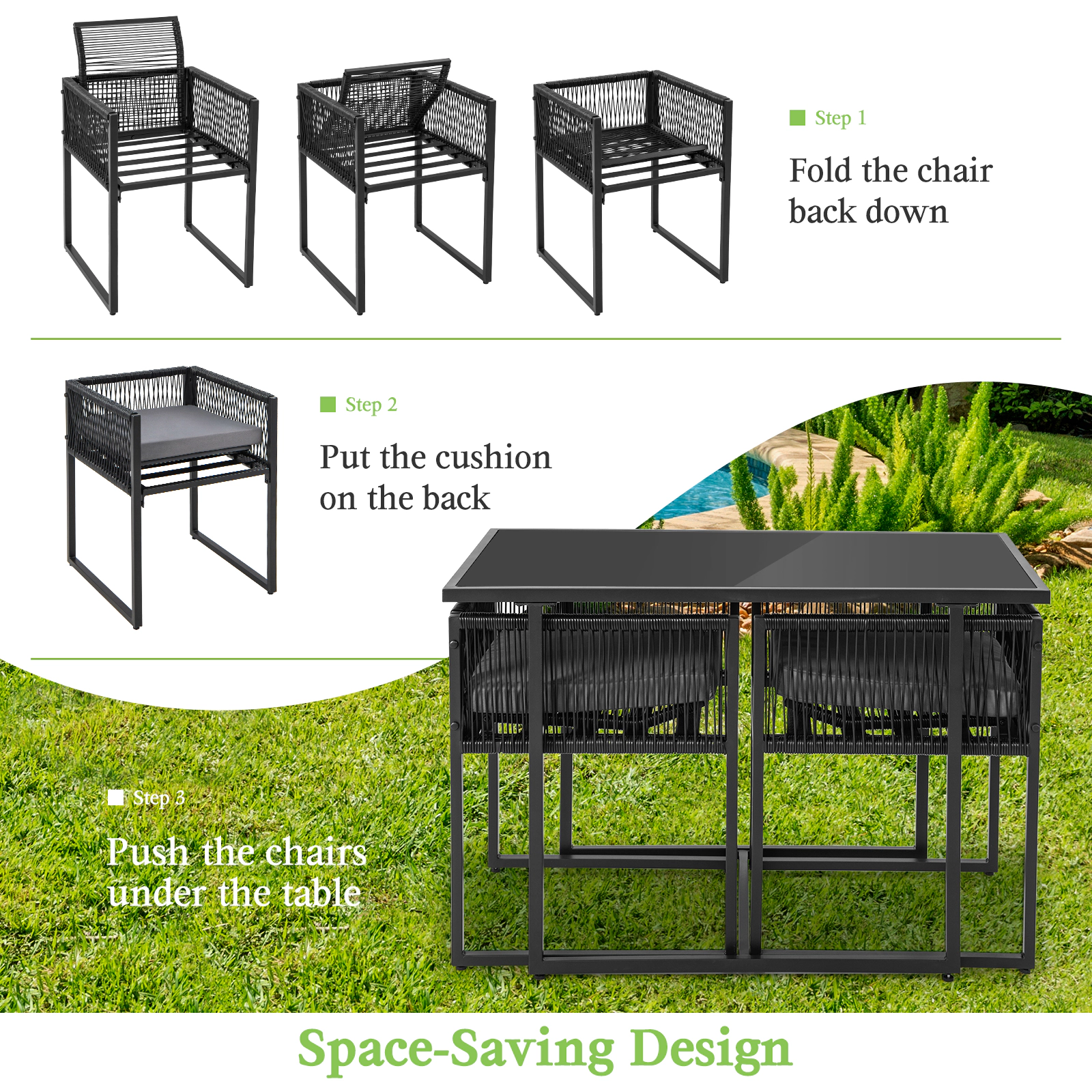 SUGIFT PE Rattan Outdoor Dining Set Folding Backrest Chairs & Seat Cushions 330-lb Chair Capacity 155-lb Table Capacity