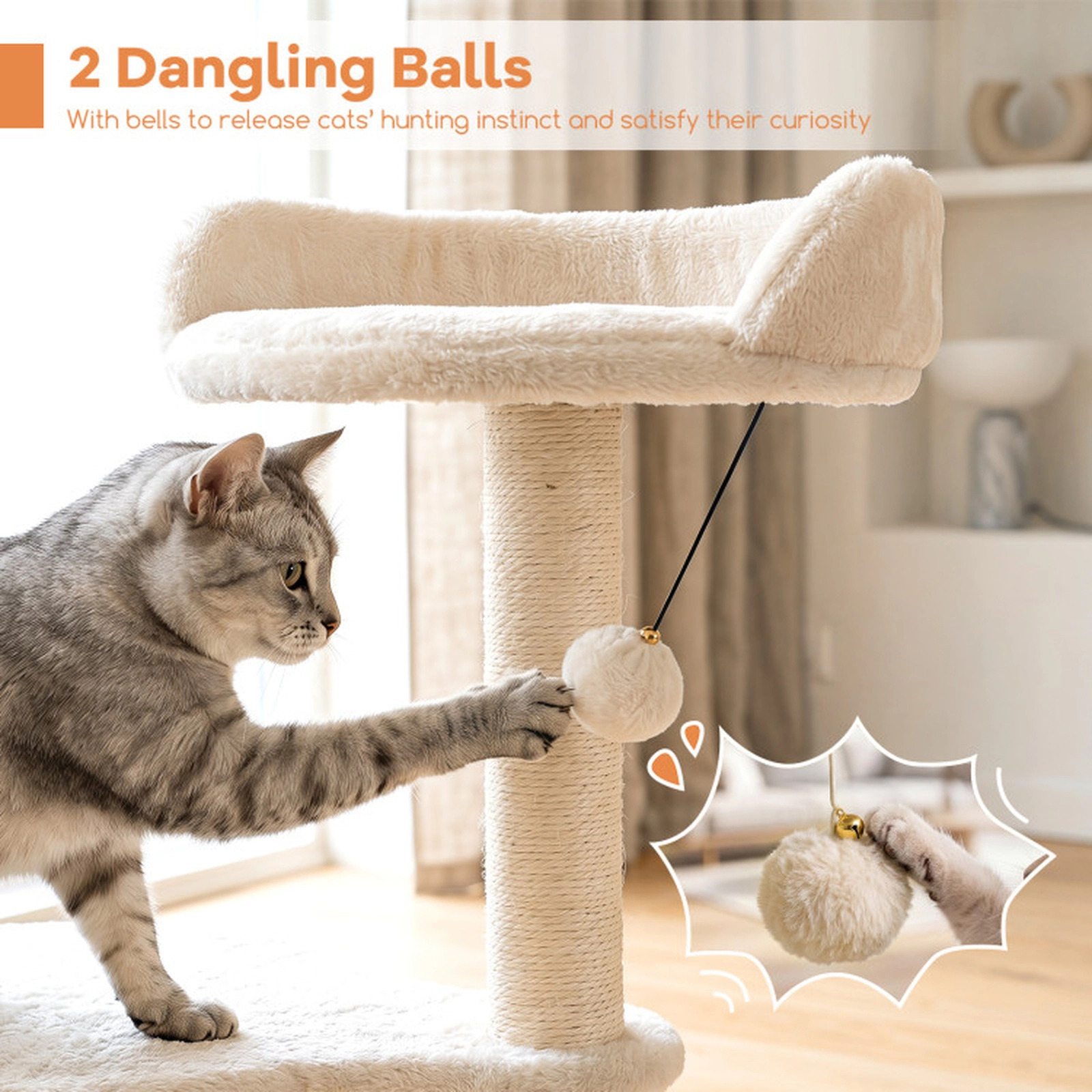 SUGIFT 43-in Beige Cat Tree for Indoor Cats with 15-in Round Raised-Edge Perches and Sisal Posts