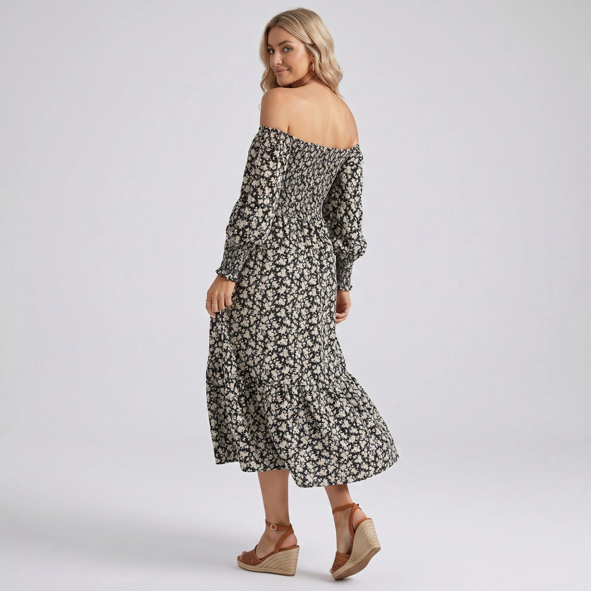 Anna-Kaci Women's Maternity Off Shoulder Floral Smocked Bodice Tiered Hem Midi Dress