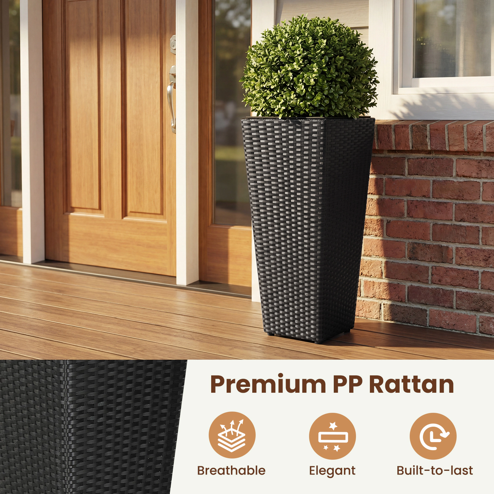 LJG Set of 2 Rattan Tall Plant Pots with Detachable Plastic Liners