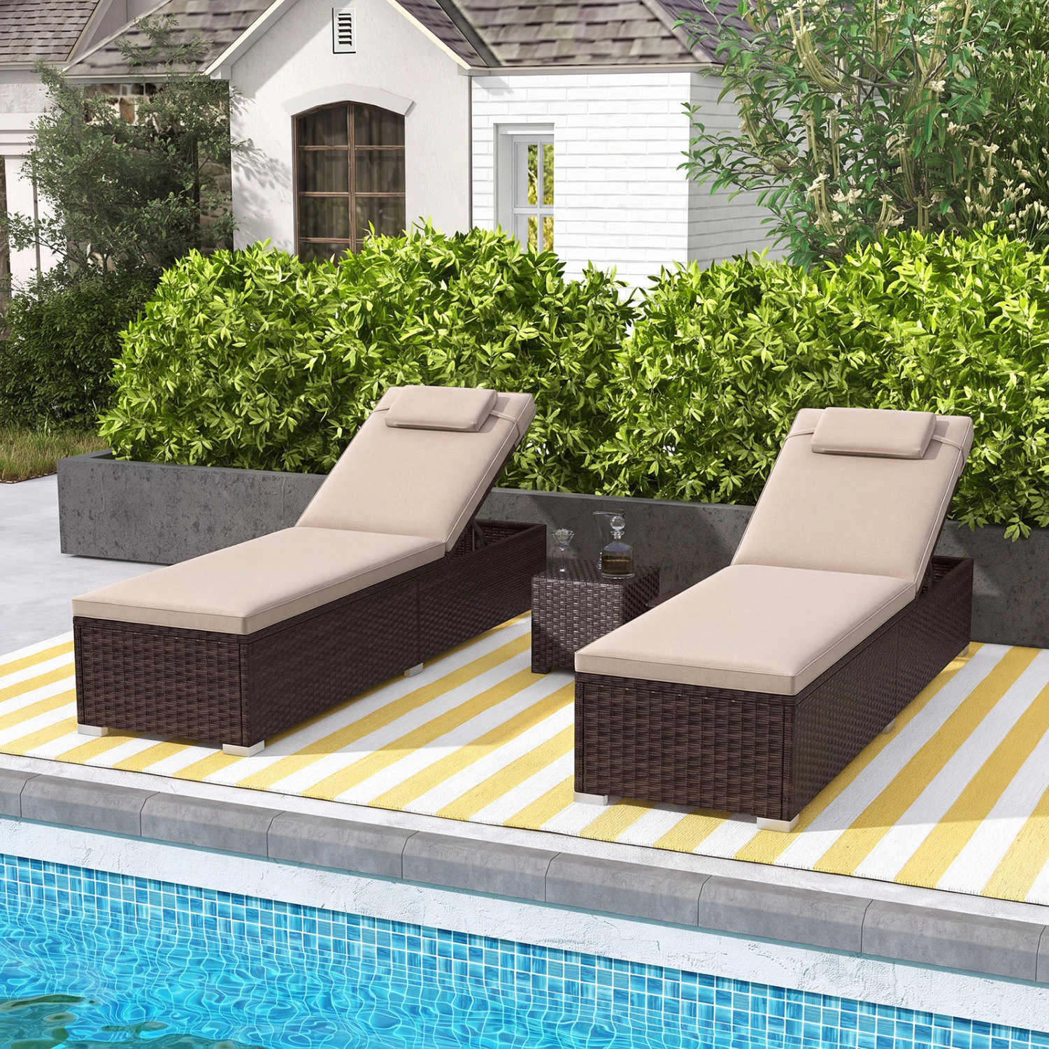 LJG Patio Chaise Lounge Set of 2 with Backrest Seat Cushion and Headrest