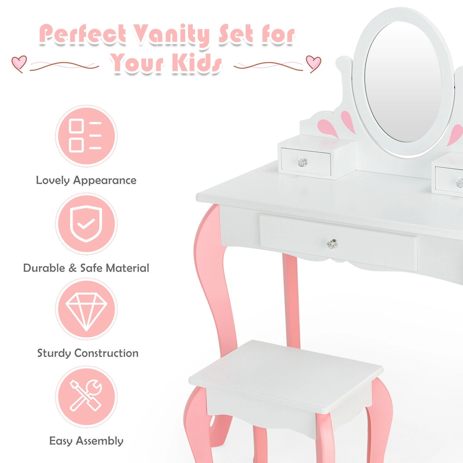 SUGIFT Kids Vanity Table and Stool Set White with 360 Degree Rotatable Detachable Mirror
