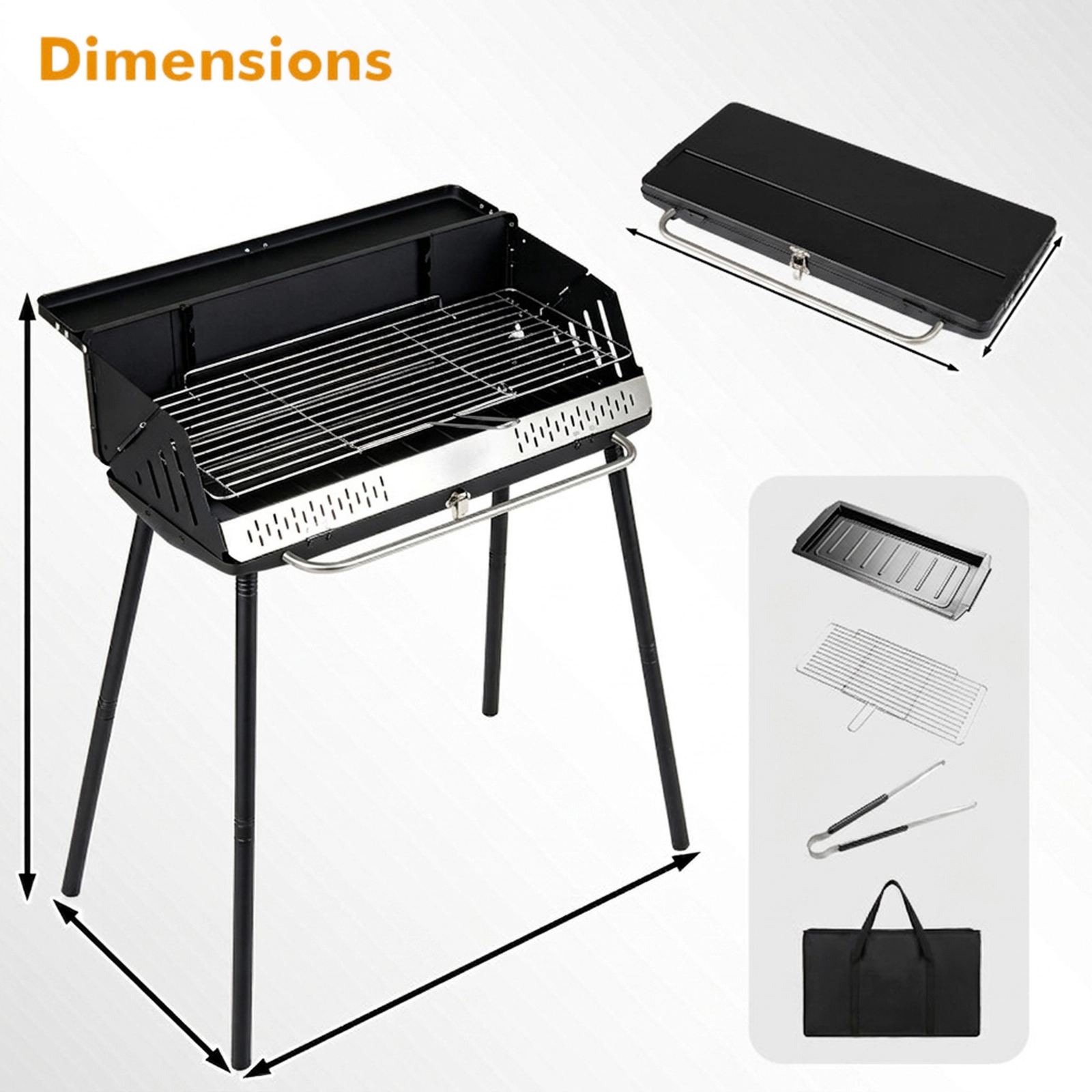 SUGIFT Portable Black Folding Charcoal Grill with Detachable Legs and Carrying Bag 32-in W 18.5-in D 33.5-in H