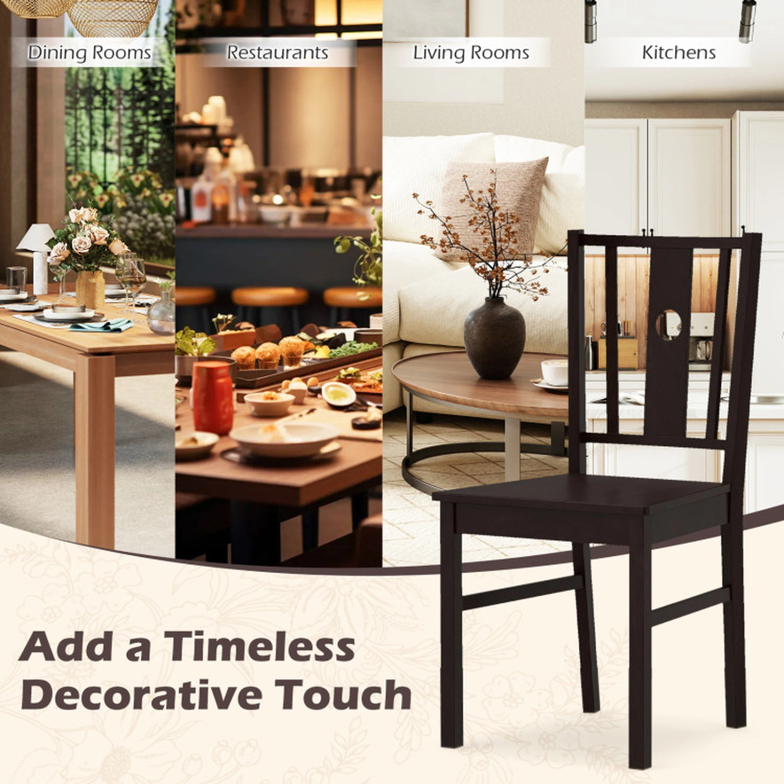 SUGIFT Set of 2 Solid Rubber Wood Kitchen Dining Chairs with Slatted Curved Backrest 330-lb Capacity Coffee