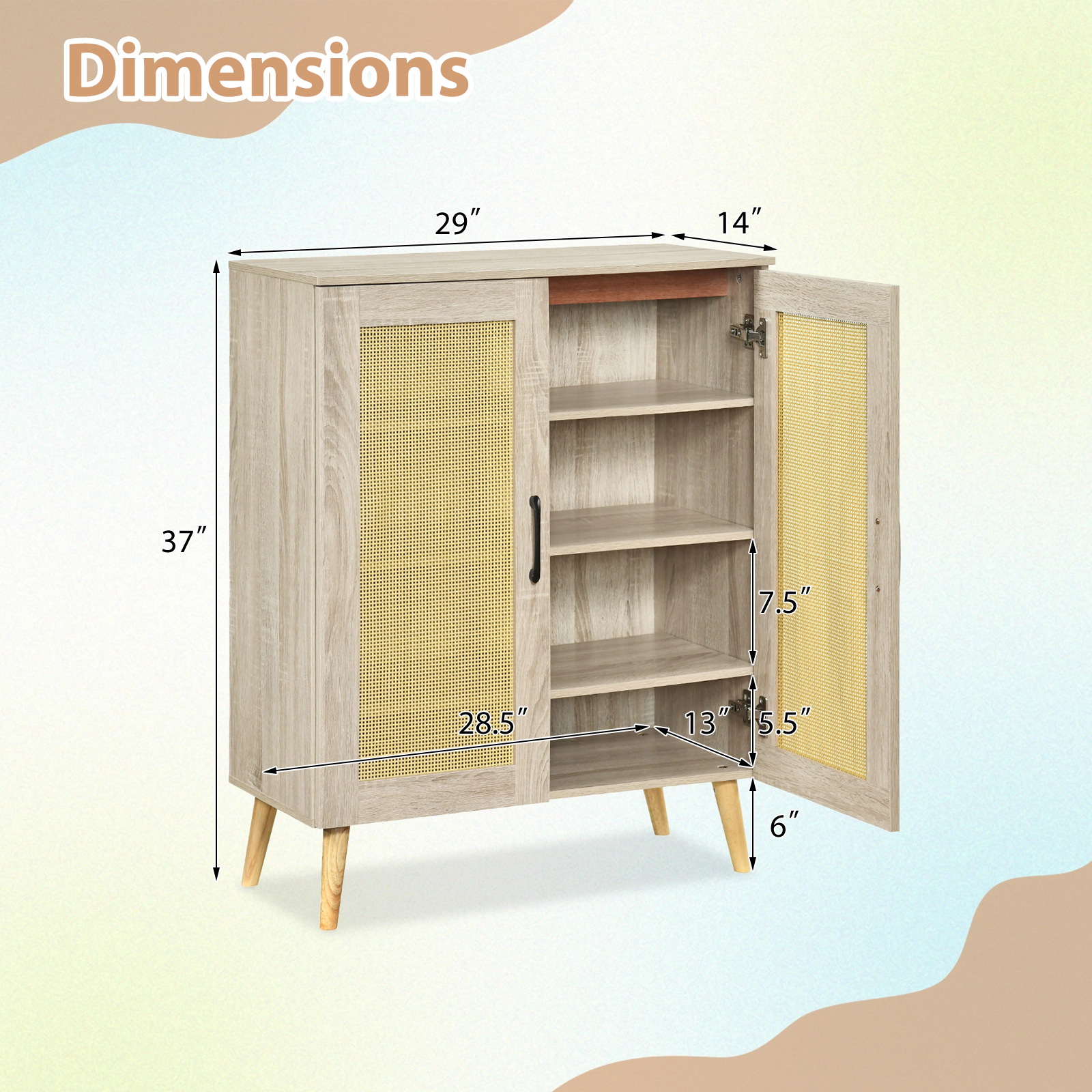 SUGIFT Natural 3 Removable Shelves and Rubber Wood Legs 5-Tier Rattan Shoe Cabinet
