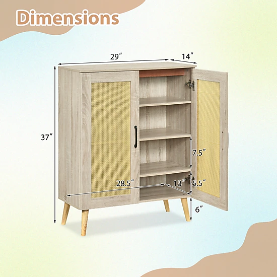 SUGIFT 5-Tier Natural Rattan Shoe Rack Cabinet with 3 Removable Shelves and Rubber Wood Legs 155-lb Top
