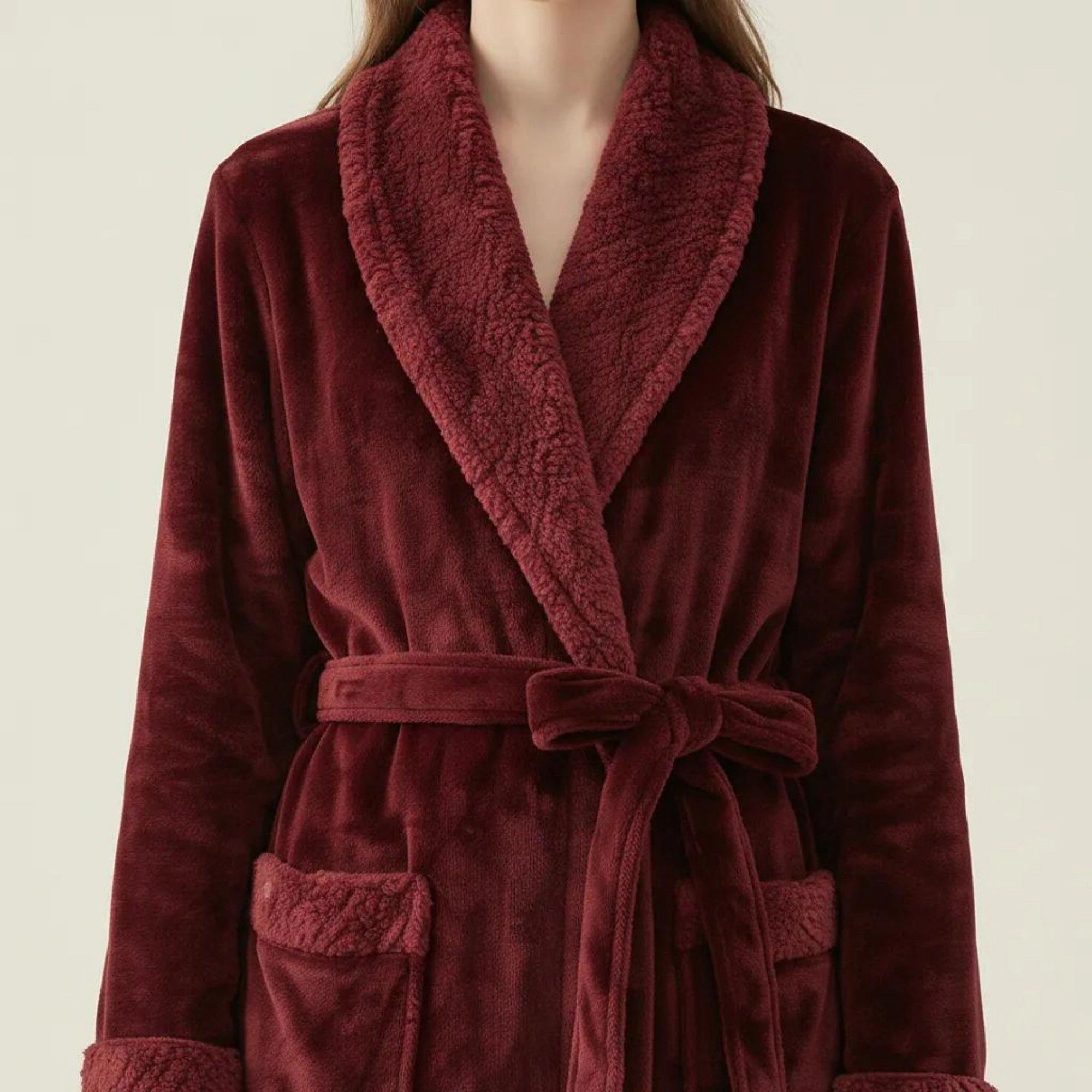 Anna-Kaci Women's Plush Long Robe with Textured Shawl Collar Tie Waist Belt Soft Warm Full Length Bathrobe