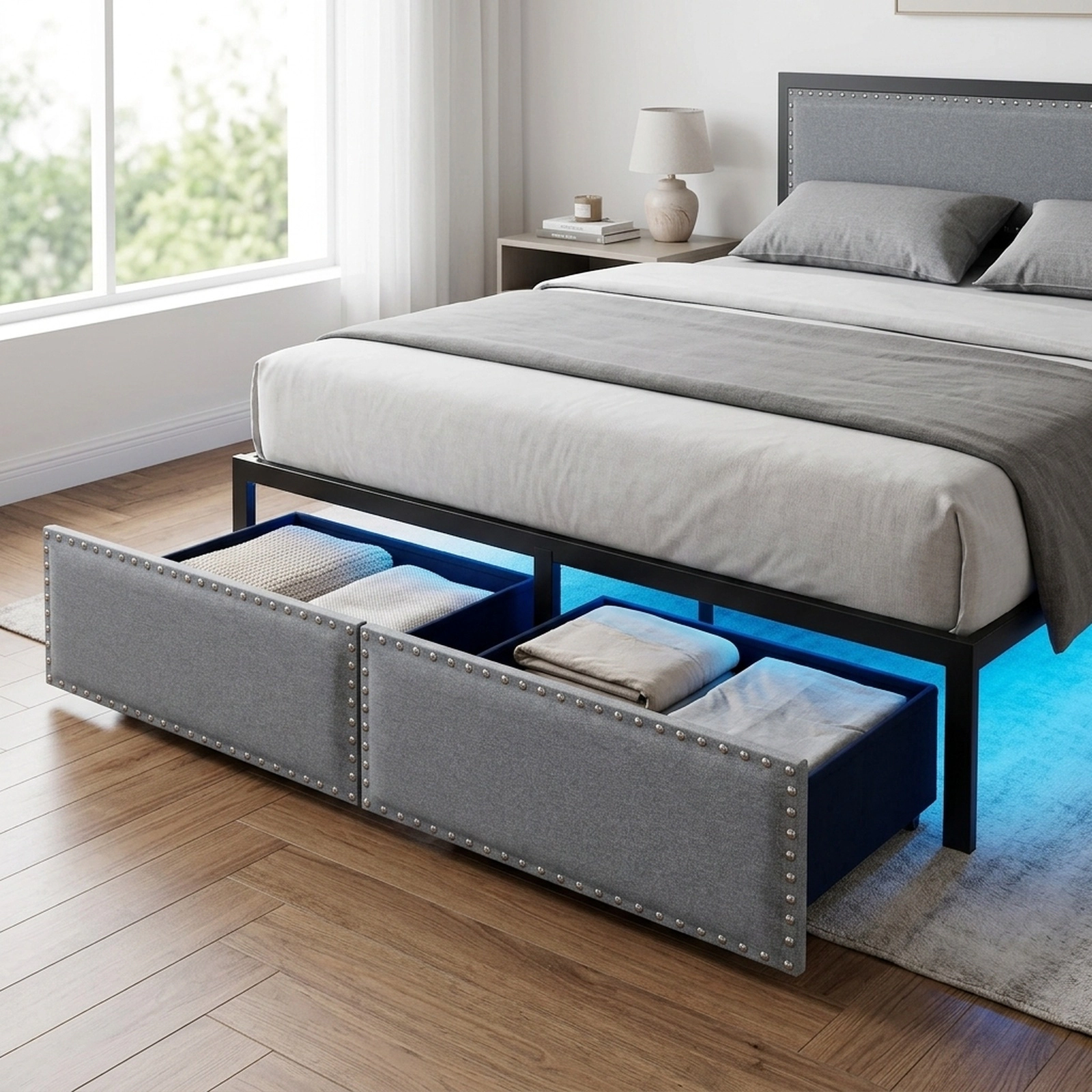 SUGIFT Full Bed Frame with LED Lights, Storage Drawer and Gray Linen Headboard