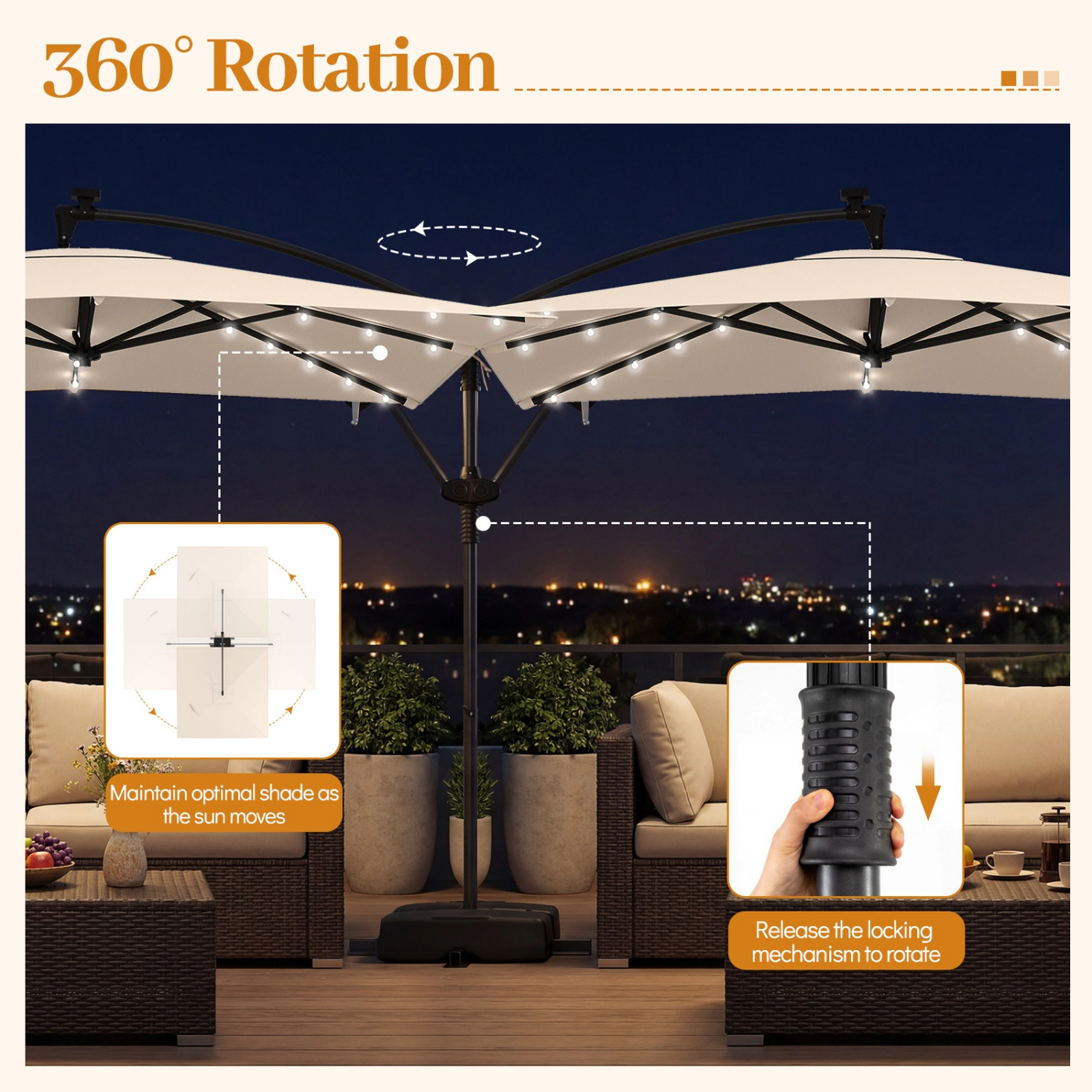 SUGIFT 8-ft Beige Square Solar Offset Cantilever Patio Umbrella with 7-ft Clearance Crank Lift and Cross Base
