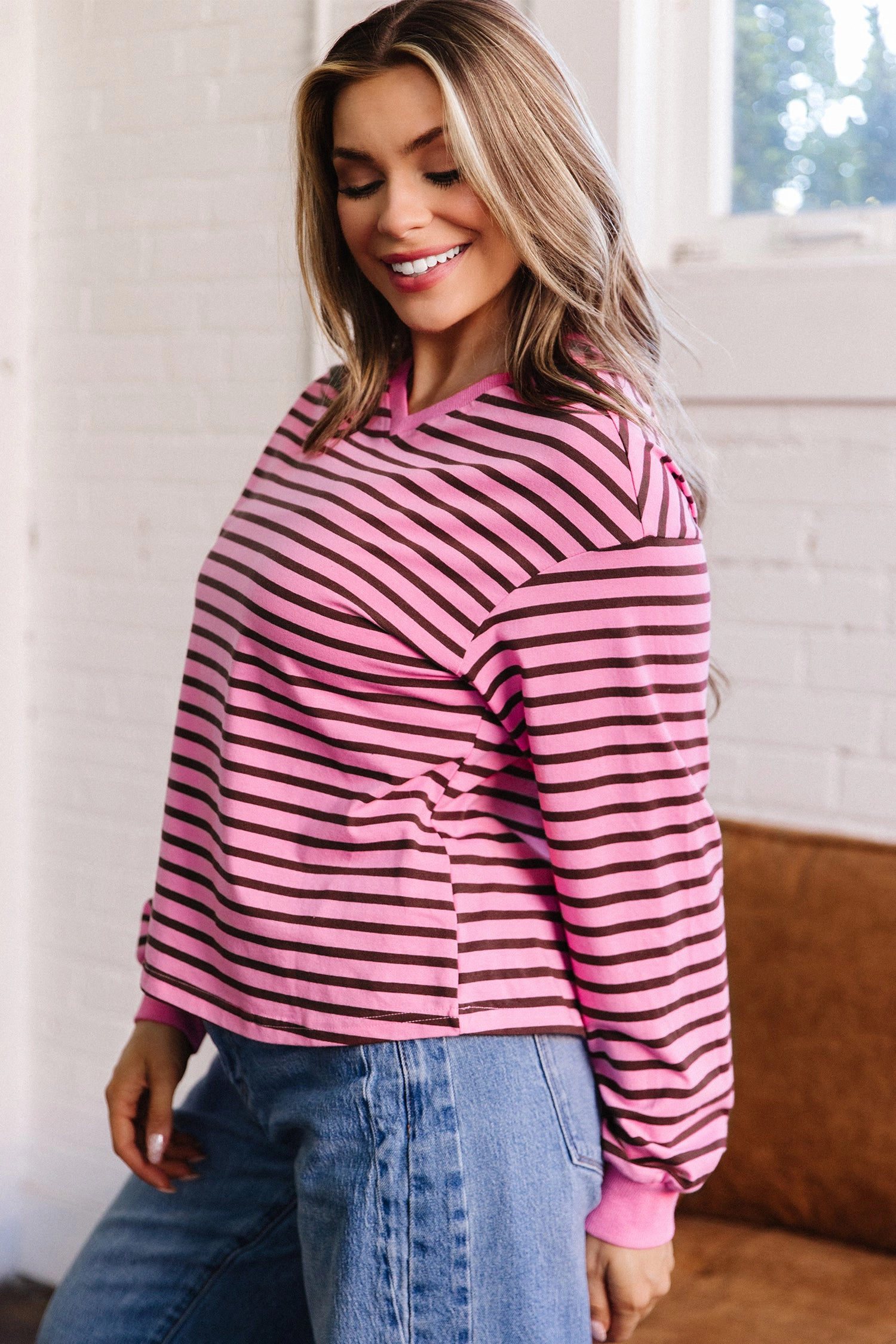 Threaded Pear Novalee Stripe Drop Shoulder Long Sleeve Top