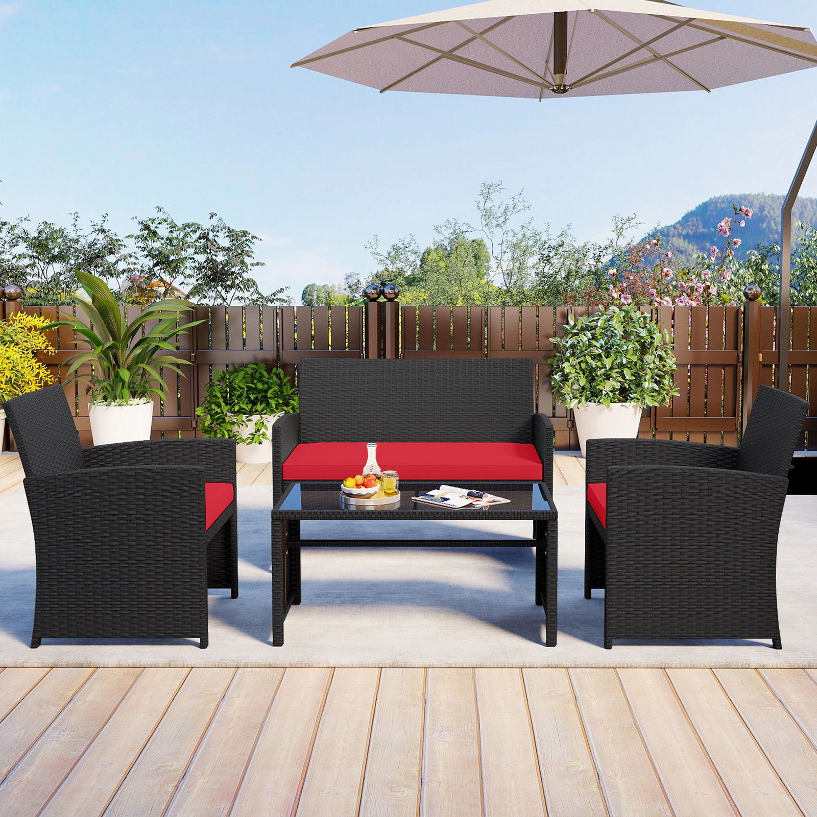 SUGIFT Tempered Glass Tabletop and Rattan Frame 4-Piece Red Cushioned Patio Furniture Set