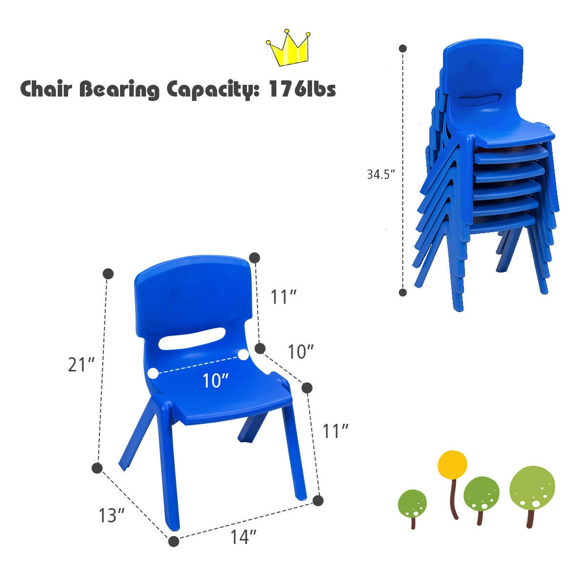 SUGIFT Blue HDPE Ages 3-8 176-lb 6-Pack Kids Stackable Classroom Chairs