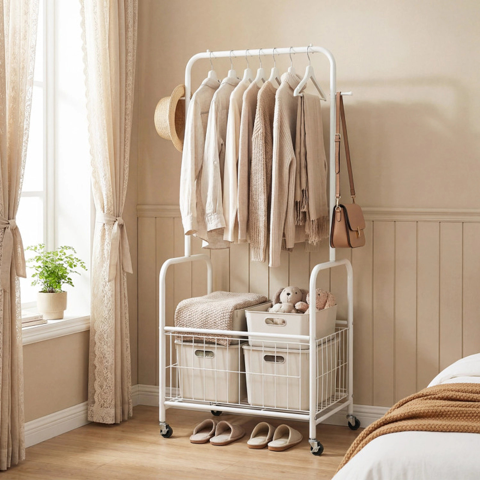 SUGIFT Rolling Metal Clothes Rack with Hanging Rod, Side Hooks and Storage Basket 110-lb Capacity White